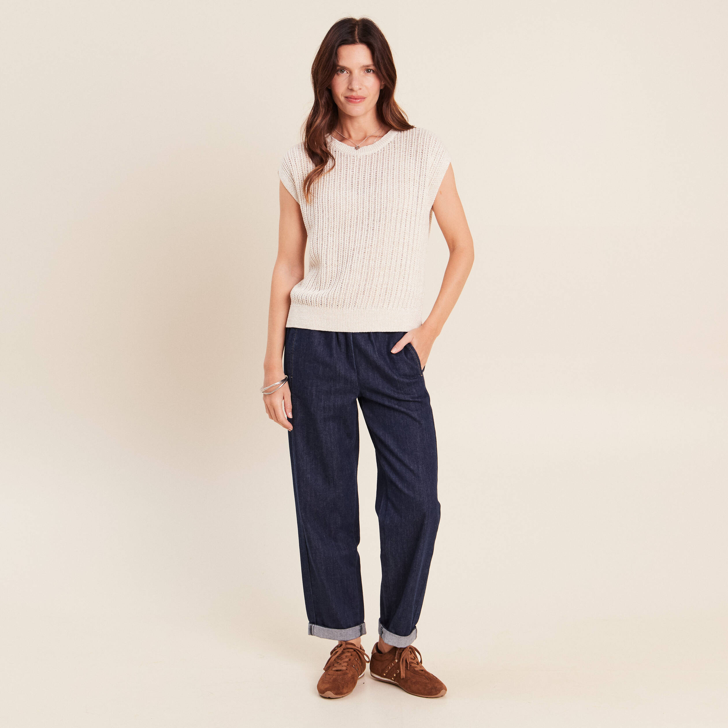 Pull ajour&eacute; col rond ecru femme