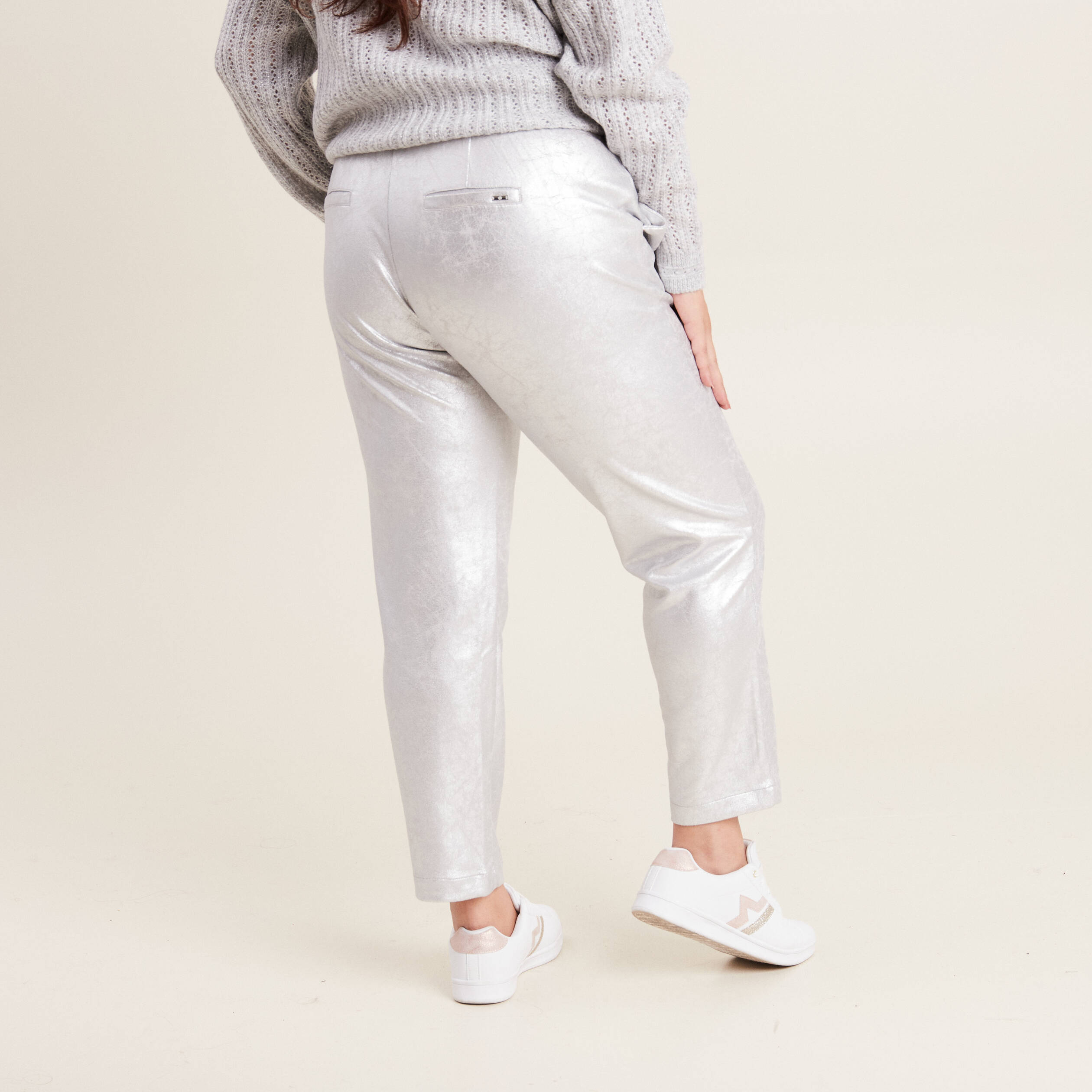 Pantalon jogging métallisé gris argent femme