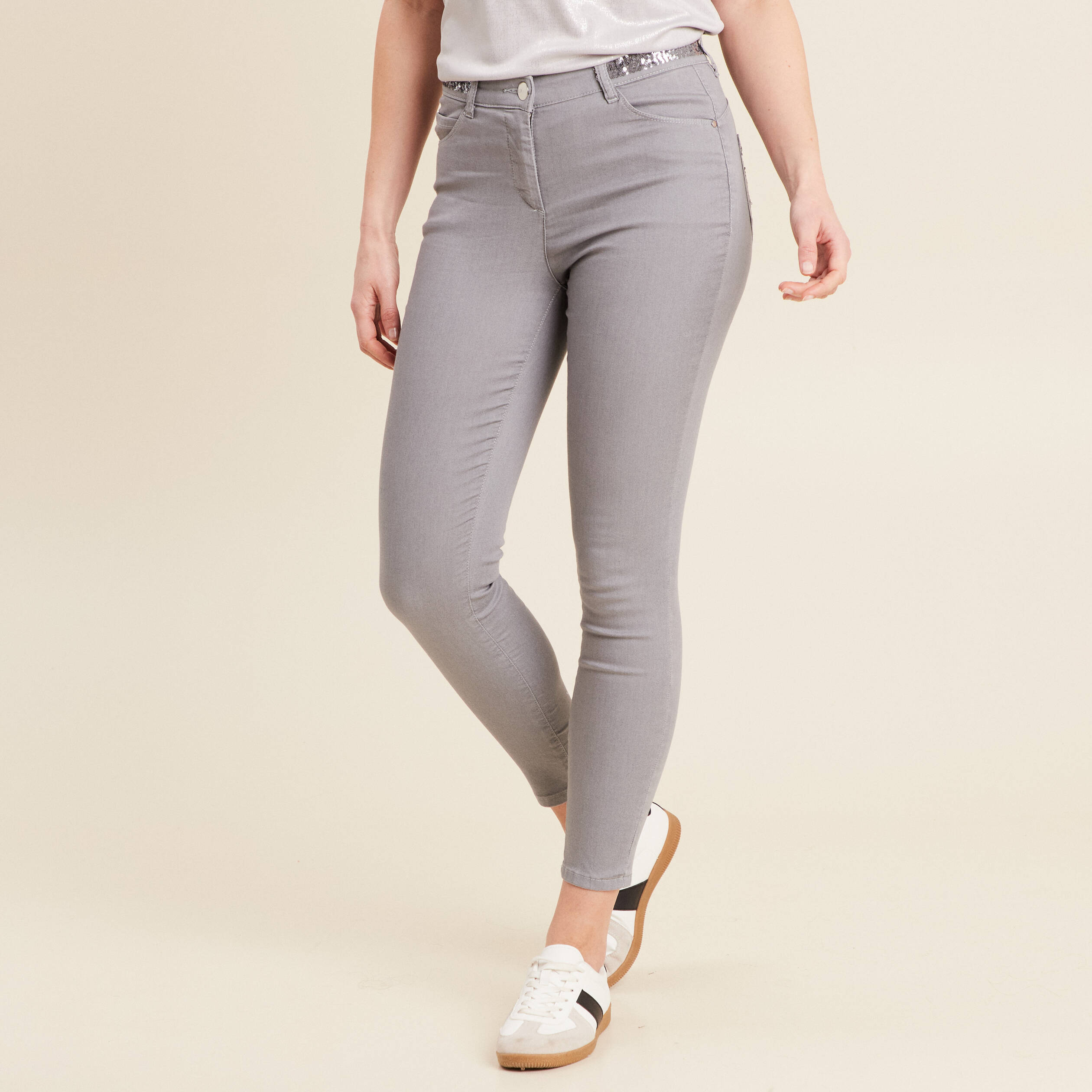 Pantalon ajusté sequins denim gris clair femme