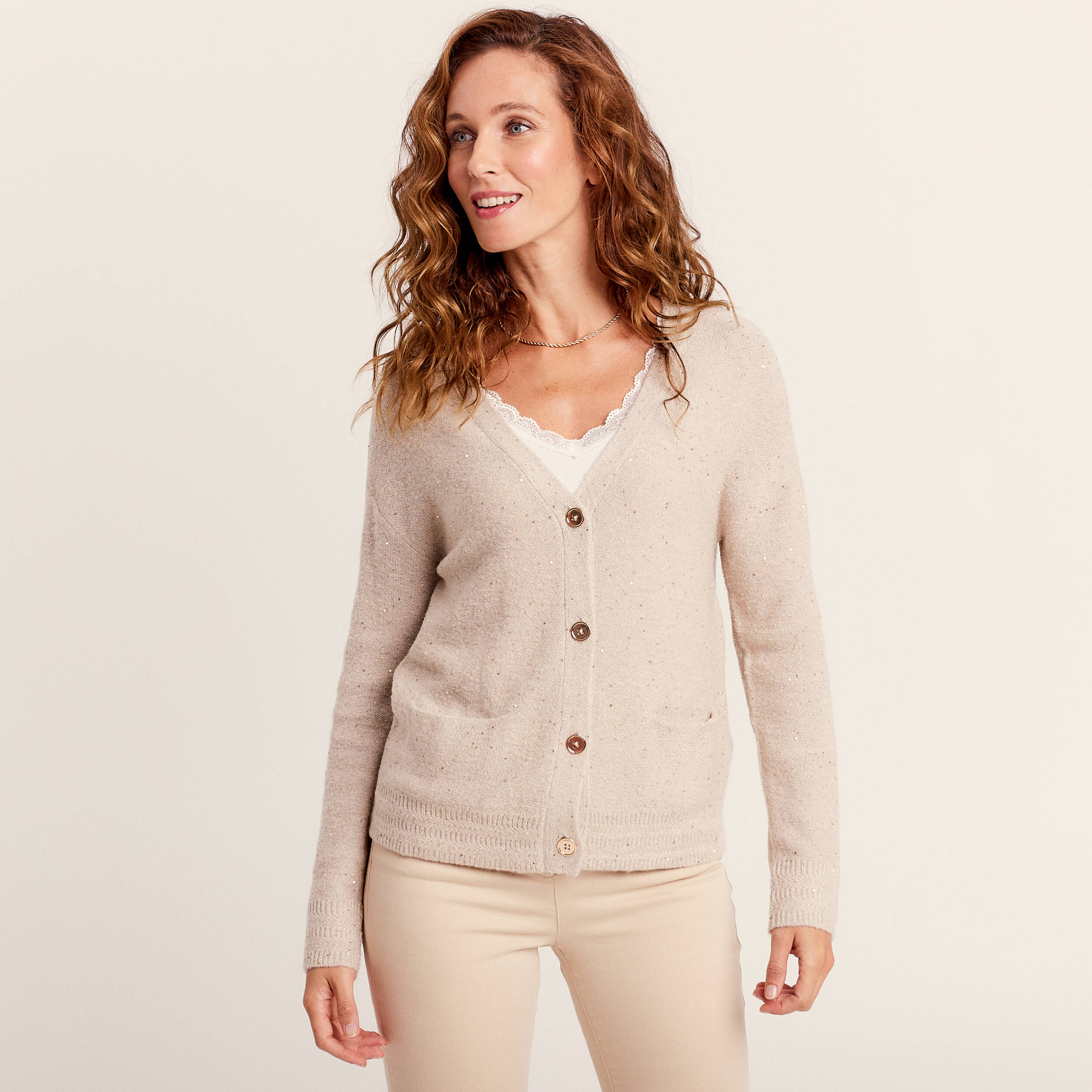 Gilet manches longues sequins creme femme