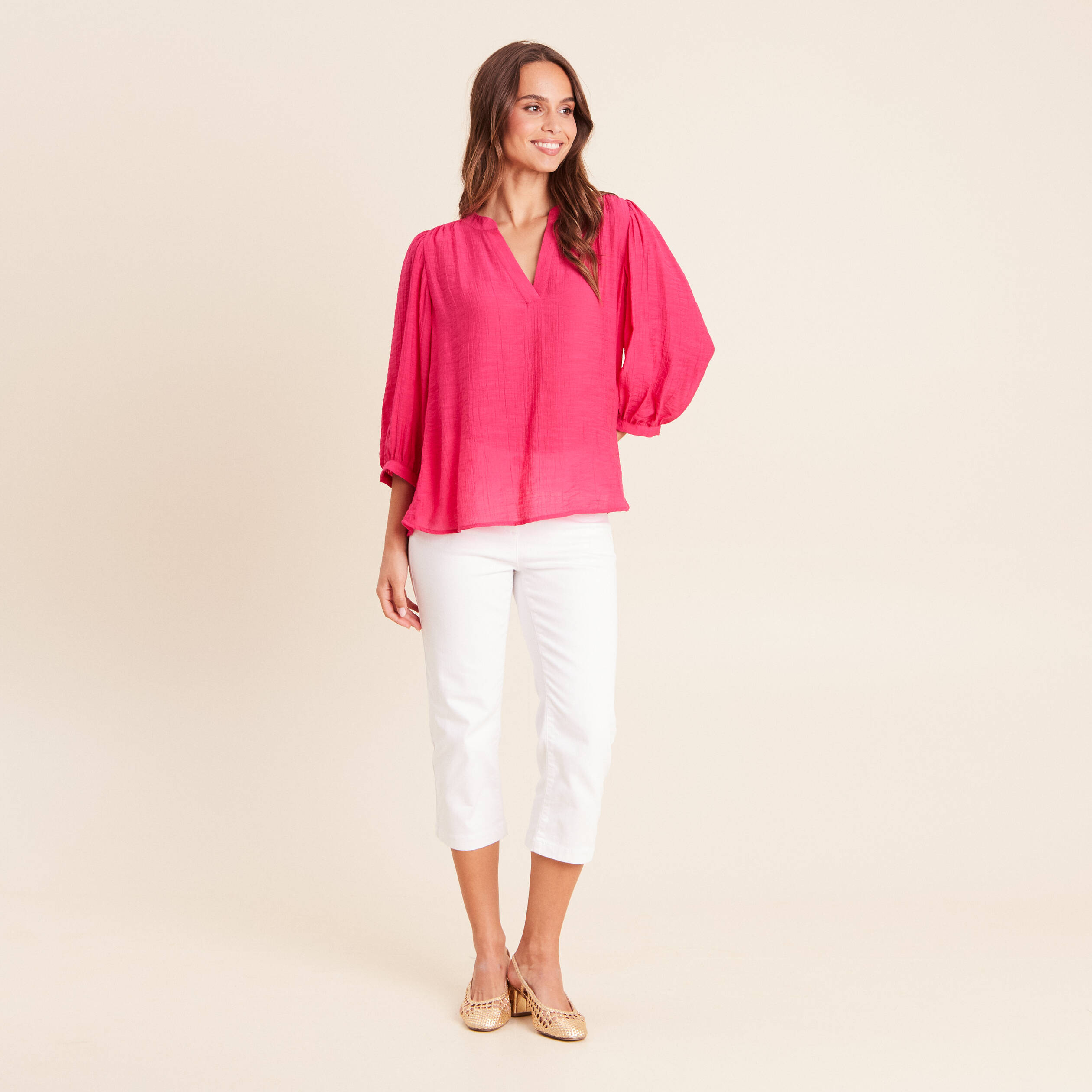 Blouse ample col tunisien manches 3/4 rose fushia femme