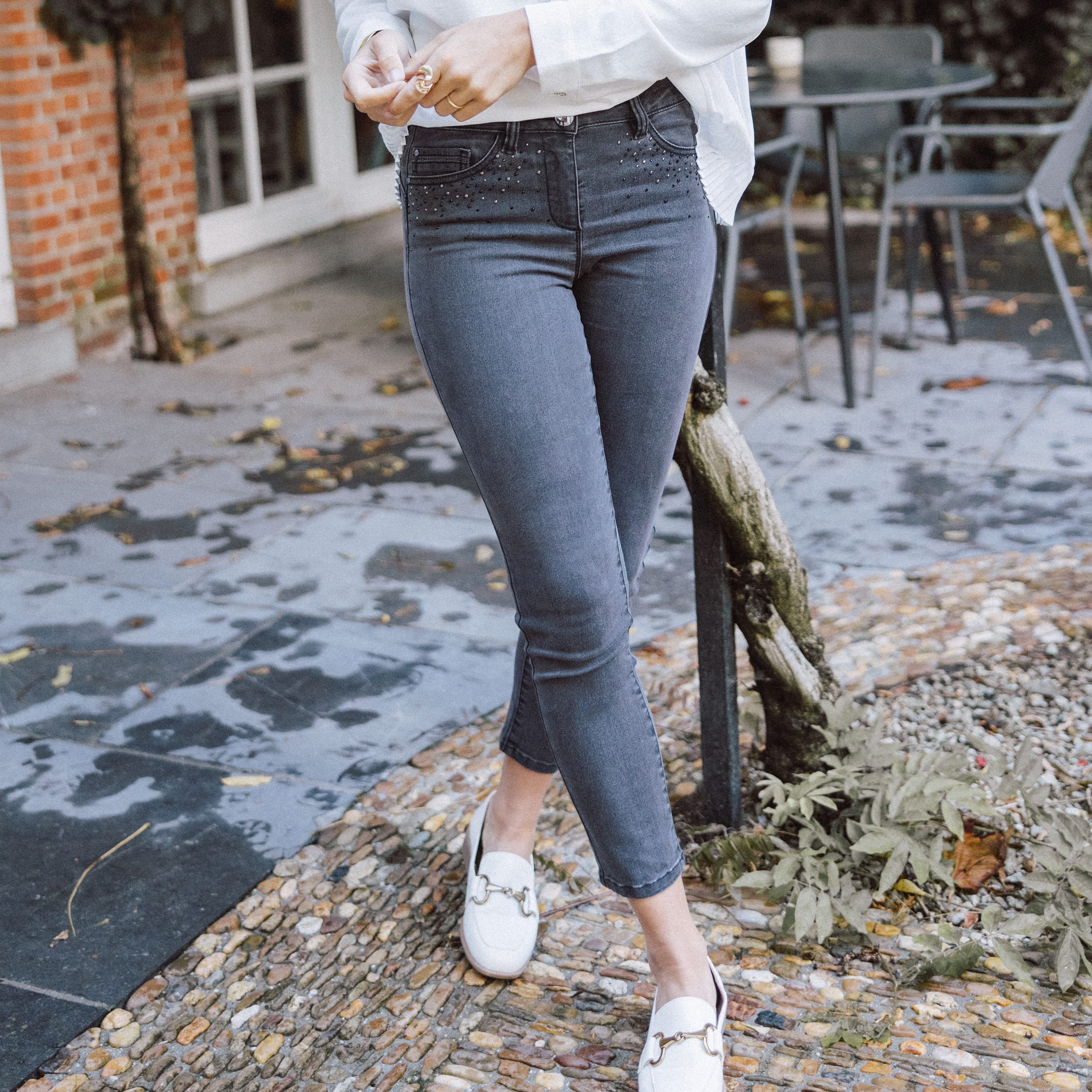 Jean ajusté taille basse denim gris femme Bréal