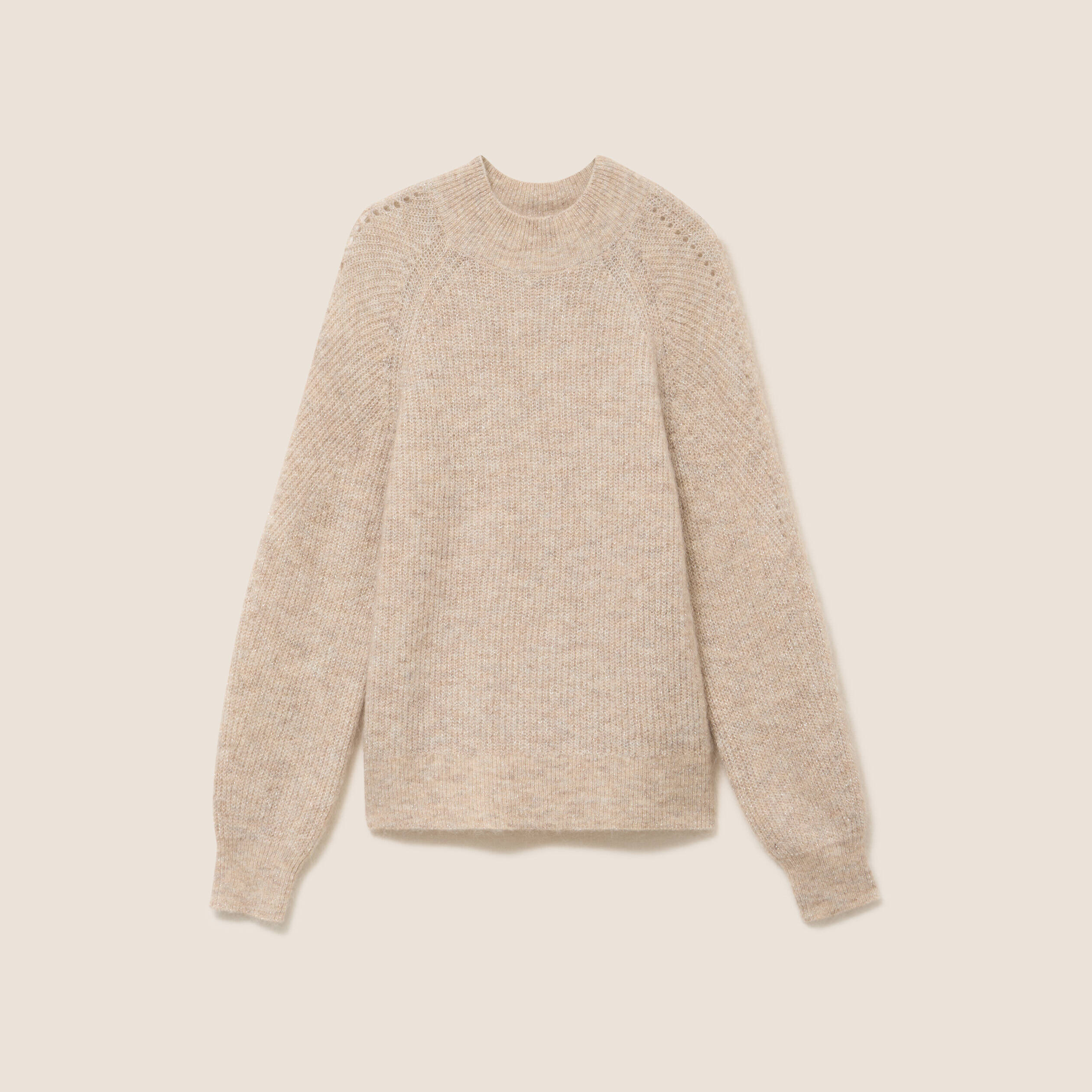 Pull droit col montant manches longues beige femme
