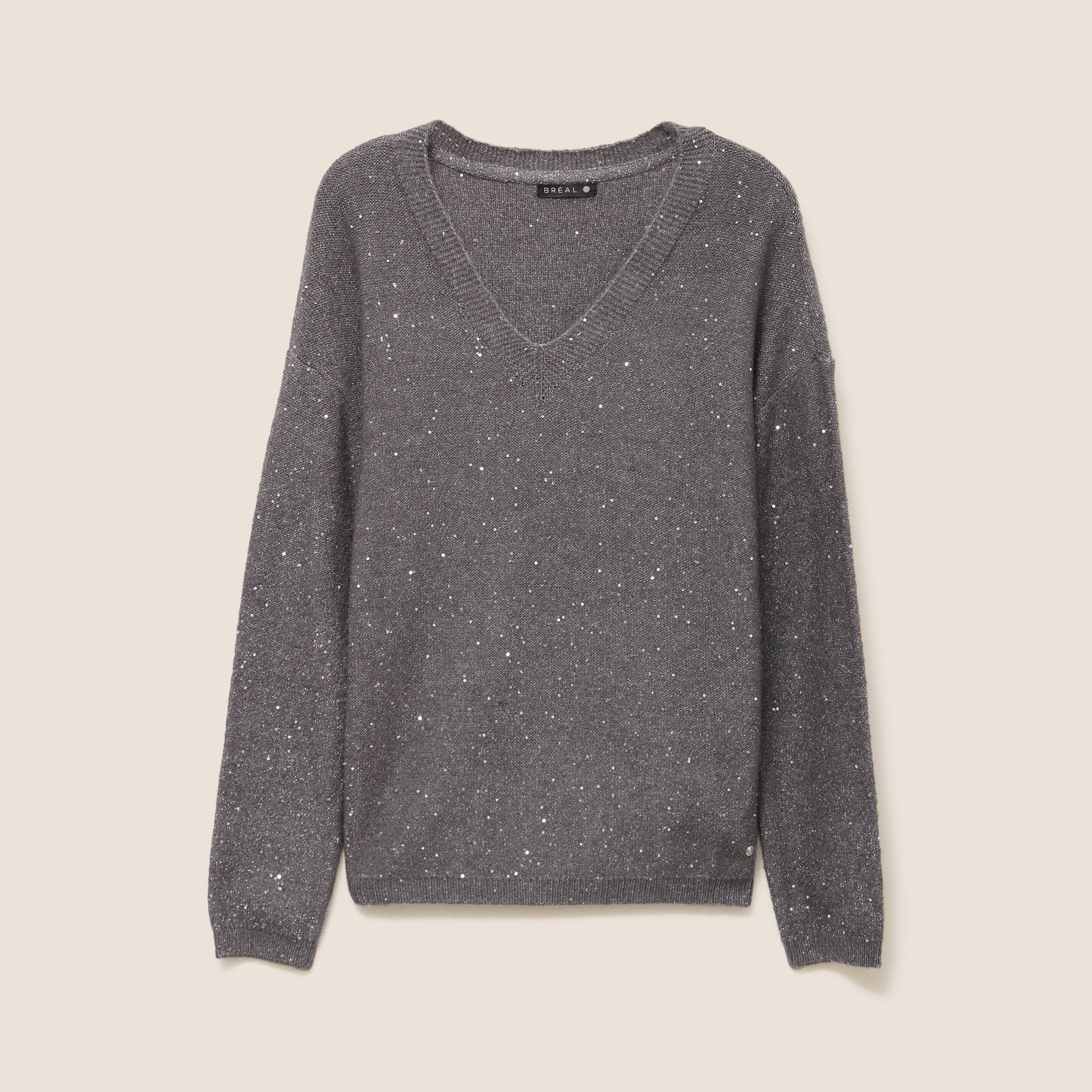 Pull col v manches longues &agrave; sequins gris fonc&eacute; femme