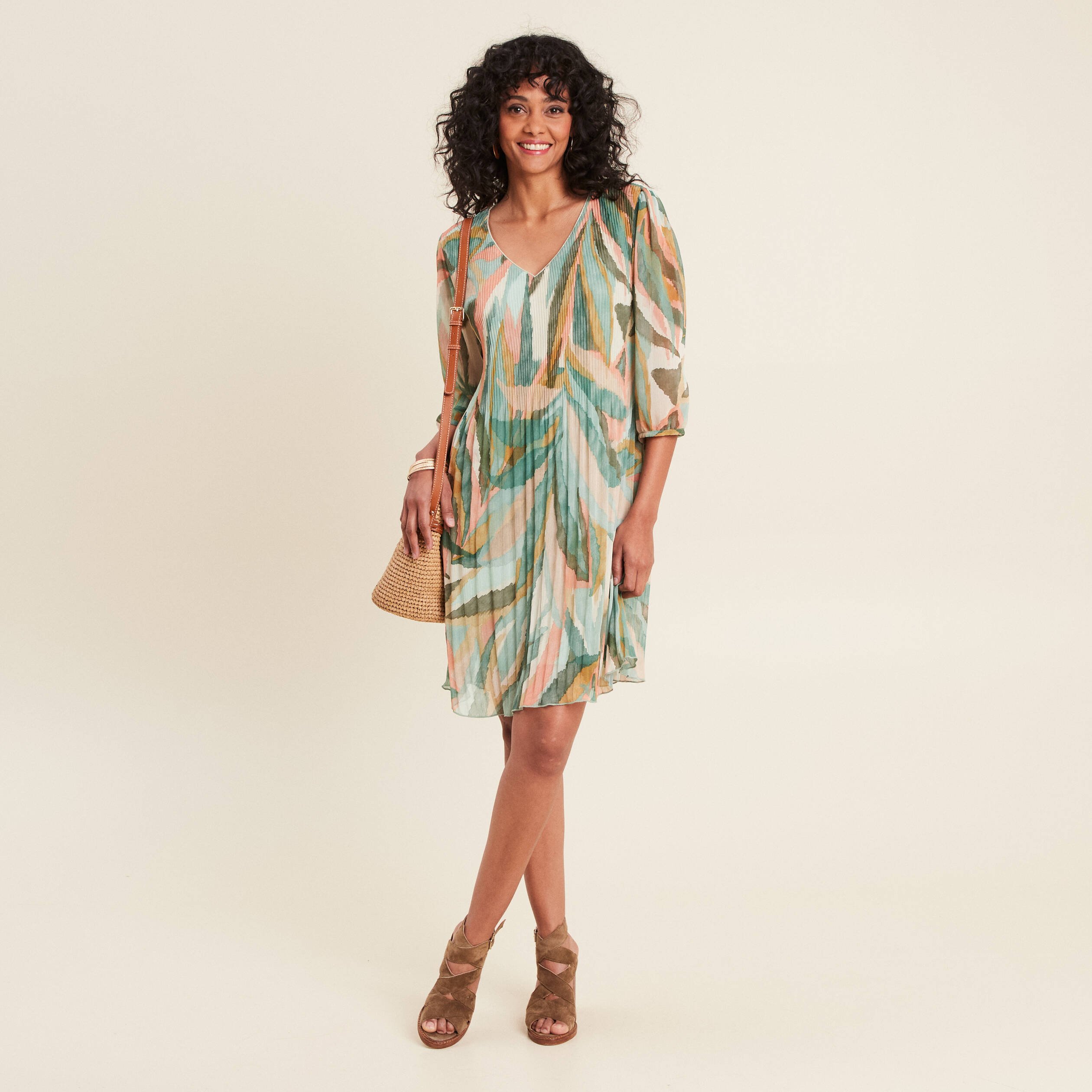 Robe évasée plissée multicolore femme