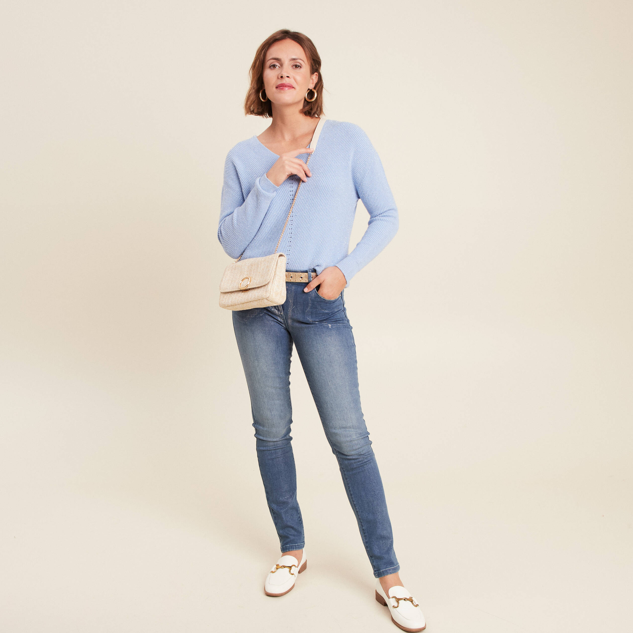 Chemise-pull Femme Chaps, Manches Longues, Bleu, Fleur, Lacets, Taille S