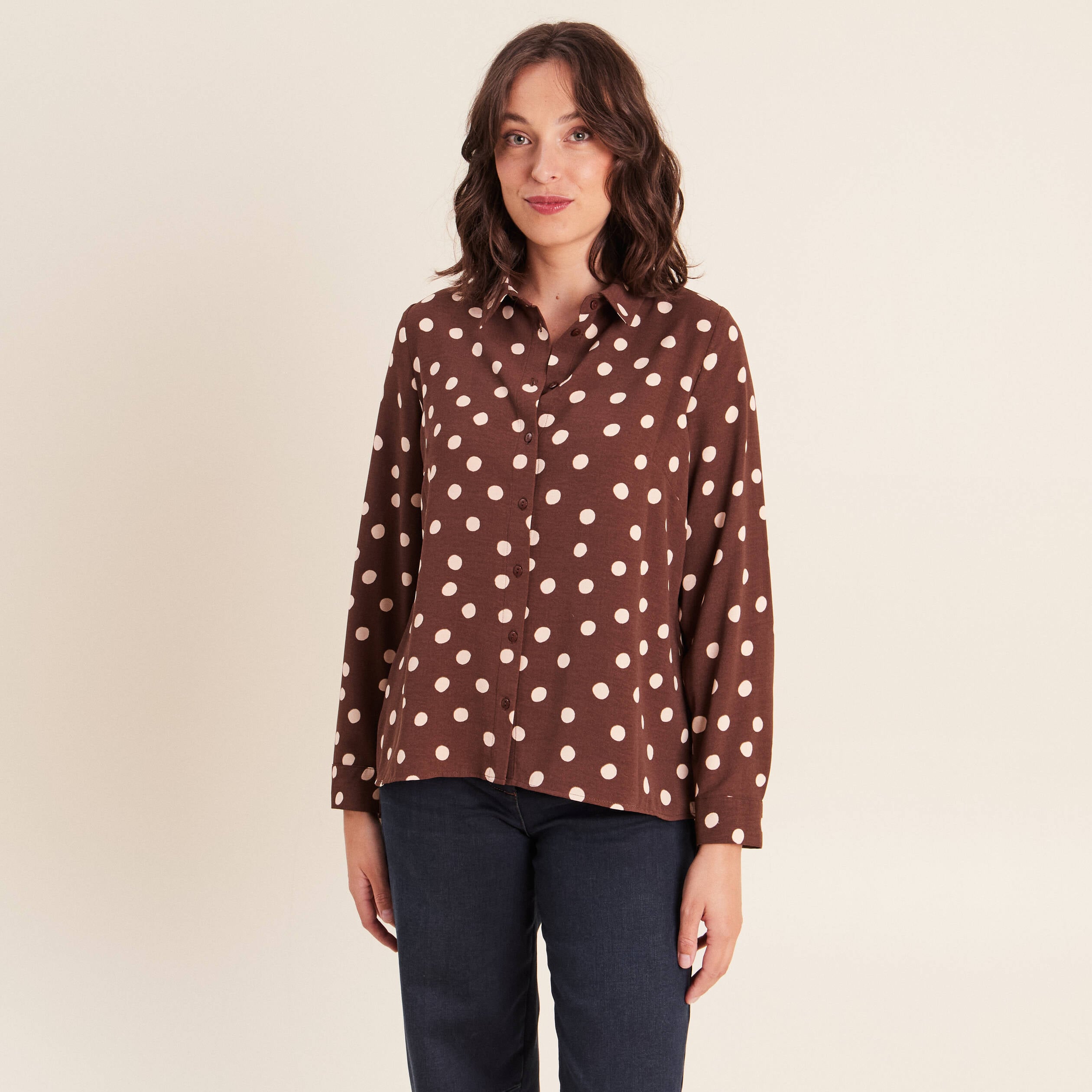 Chemise fluide manches longues marron femme