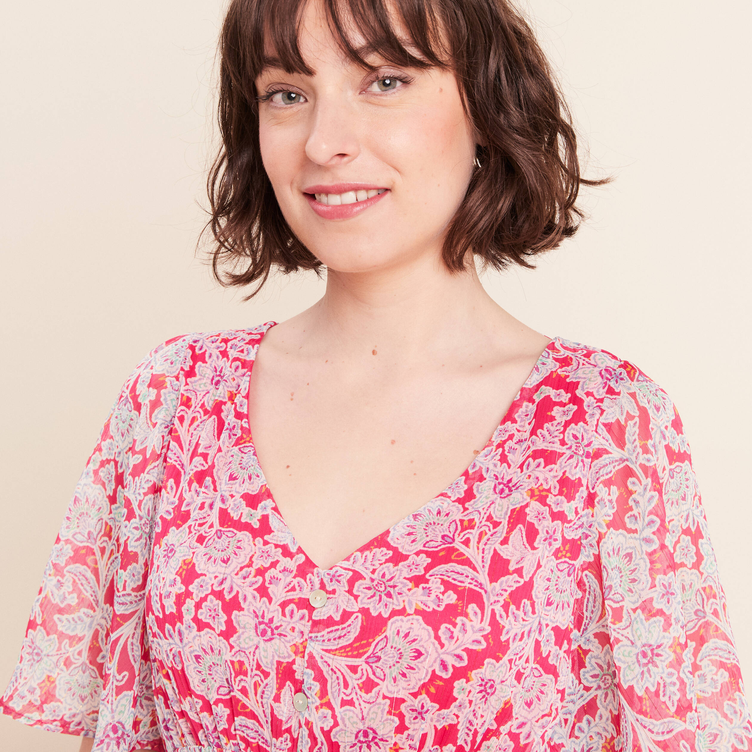 Robe longue &eacute;vas&eacute;e col v manches coudes rose femme