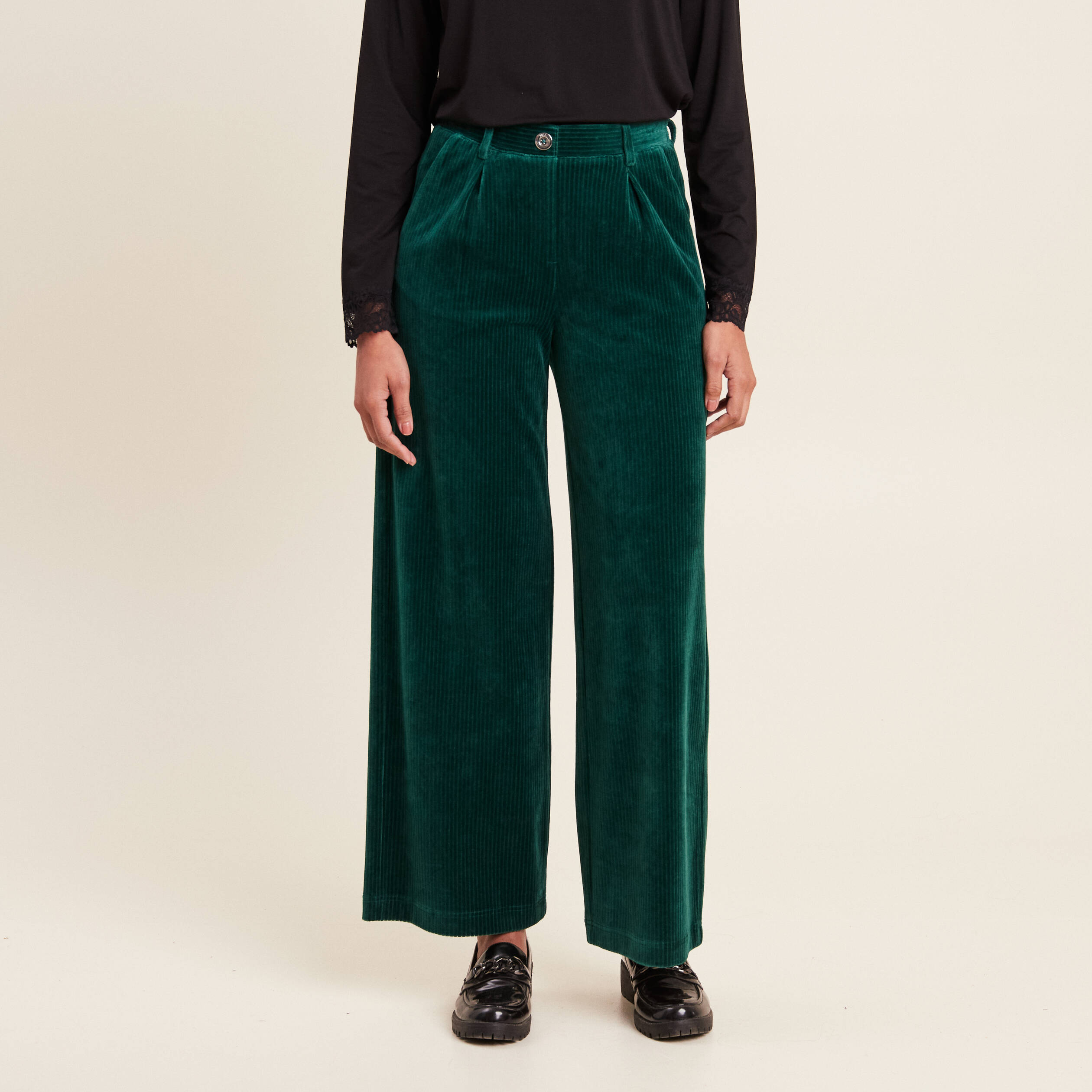 Pantalon large velours vert foncé femme