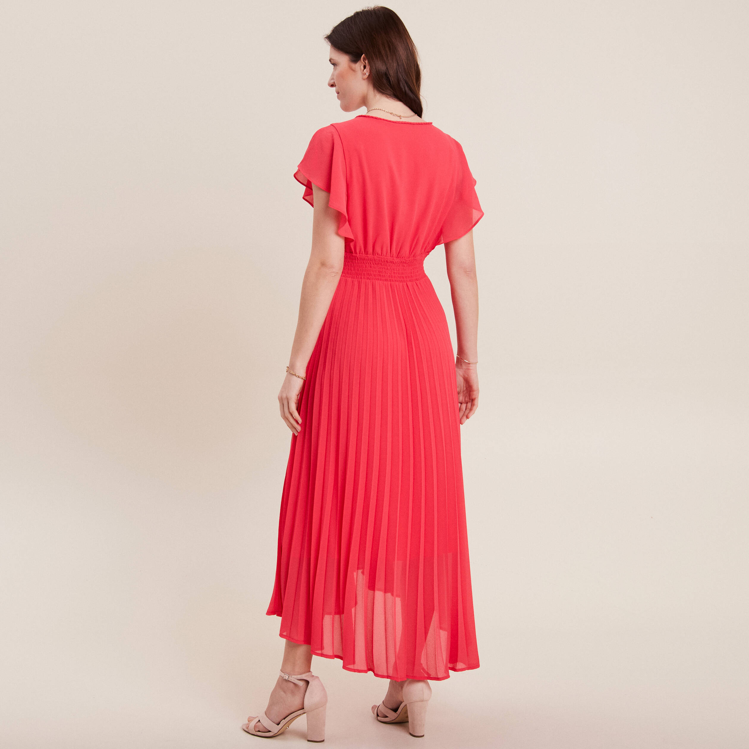 Robe longue évasée plissée rose cerise femme