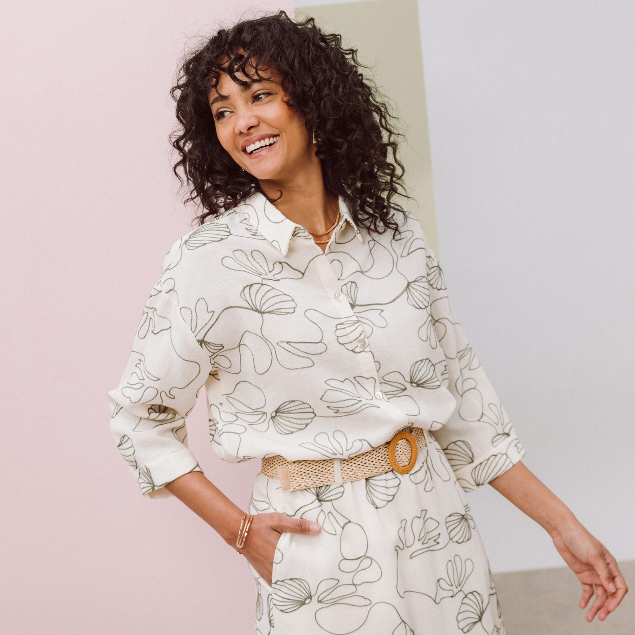 Chemise broderie col chemise manches 3/4 vert femme