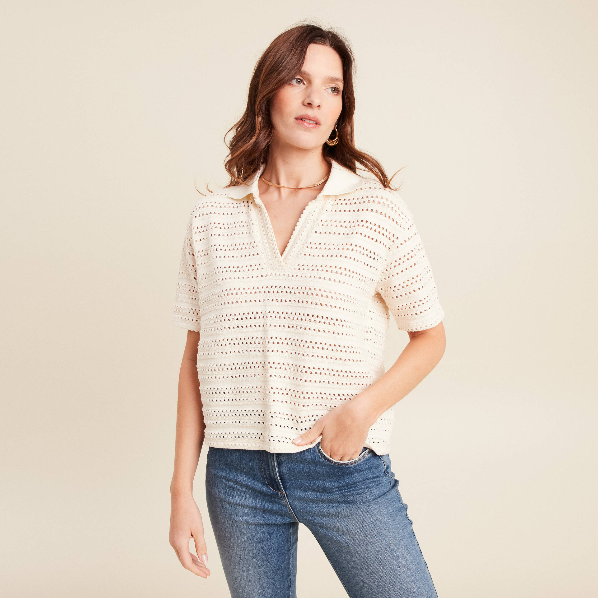 t shirt ample macrame manches courtes ecru femme T-shirt ample macramé manches courtes ecru femme