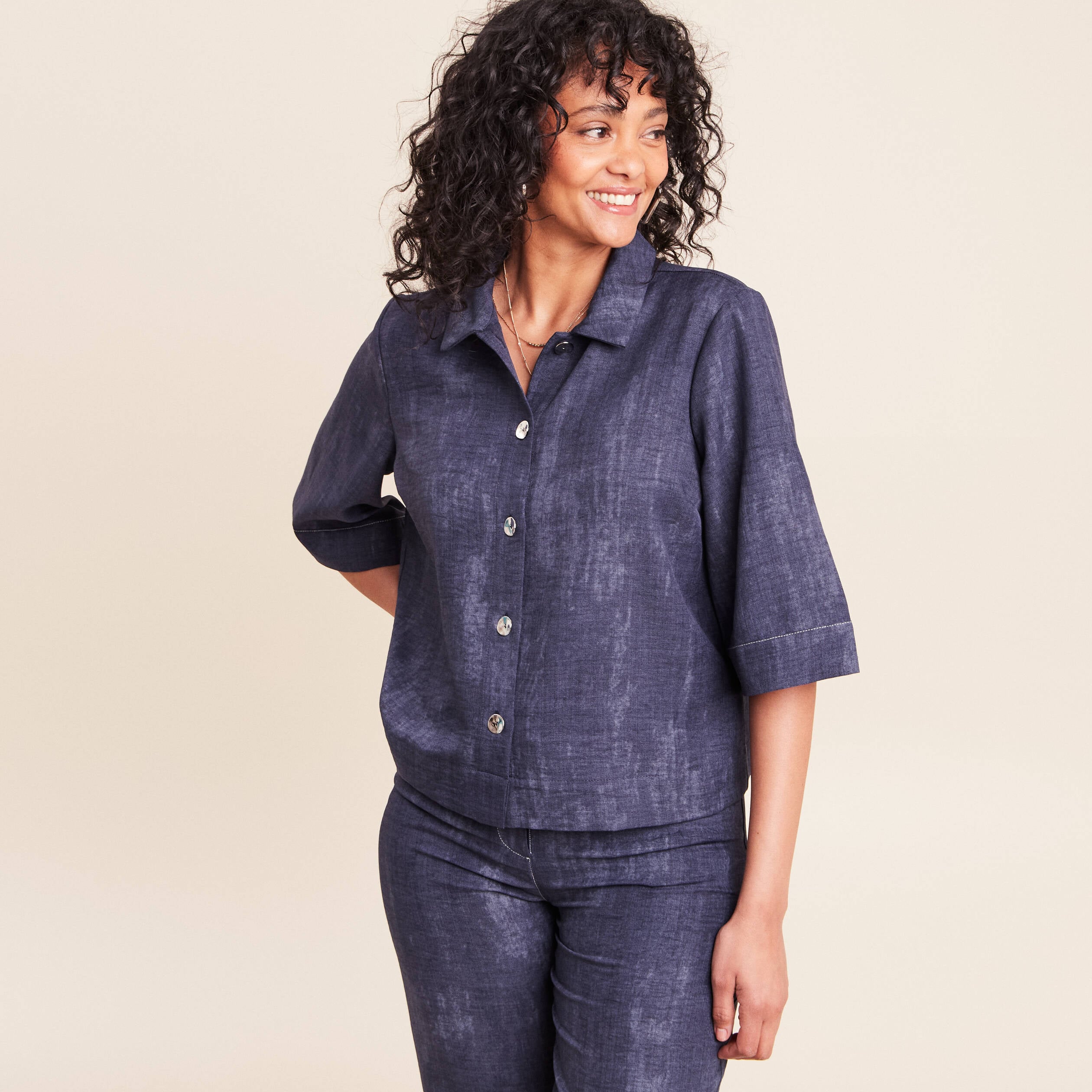 Chemise col chemise manches 3/4 bleu femme