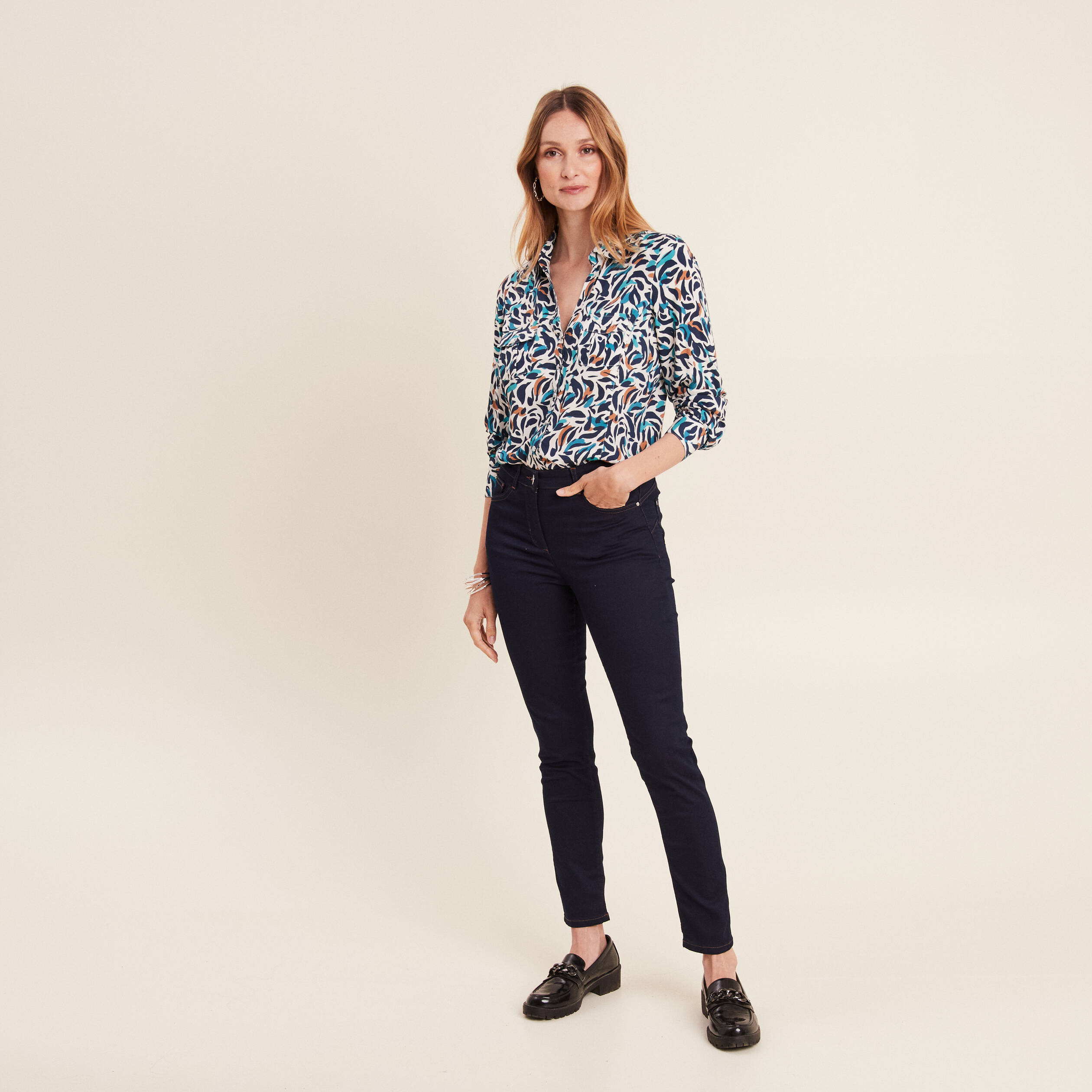 Chemise manches longues bleu canard femme