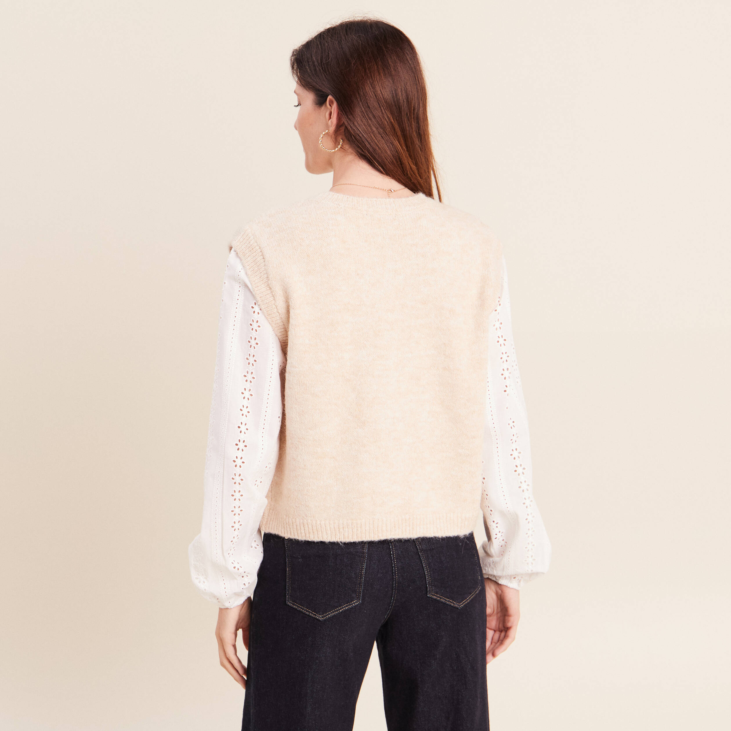 Gilet bi-mati&egrave;re col rond ivoire femme