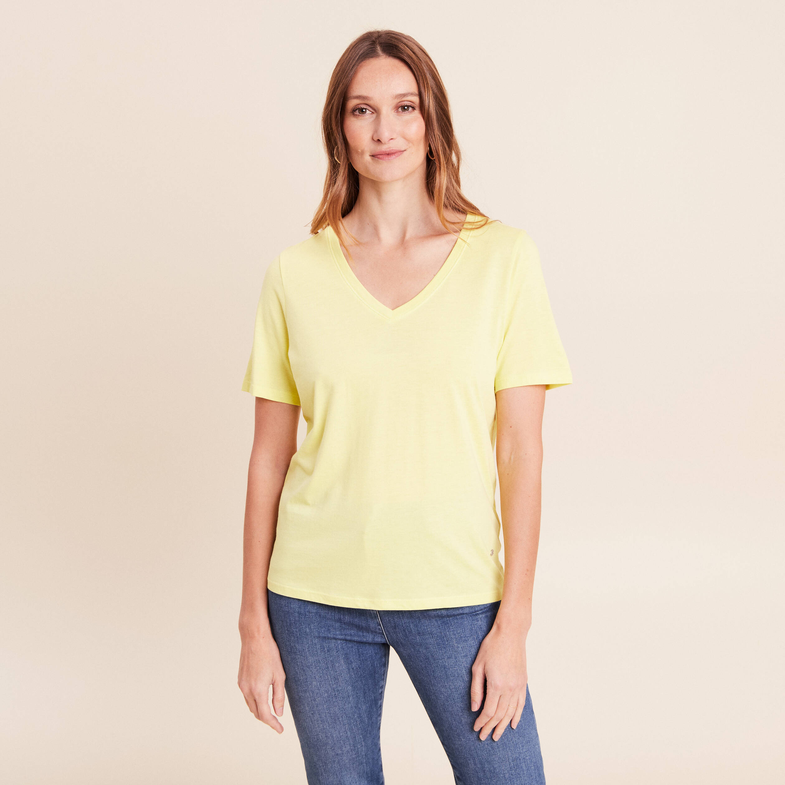 T-shirt col v manches courtes jaune clair femme