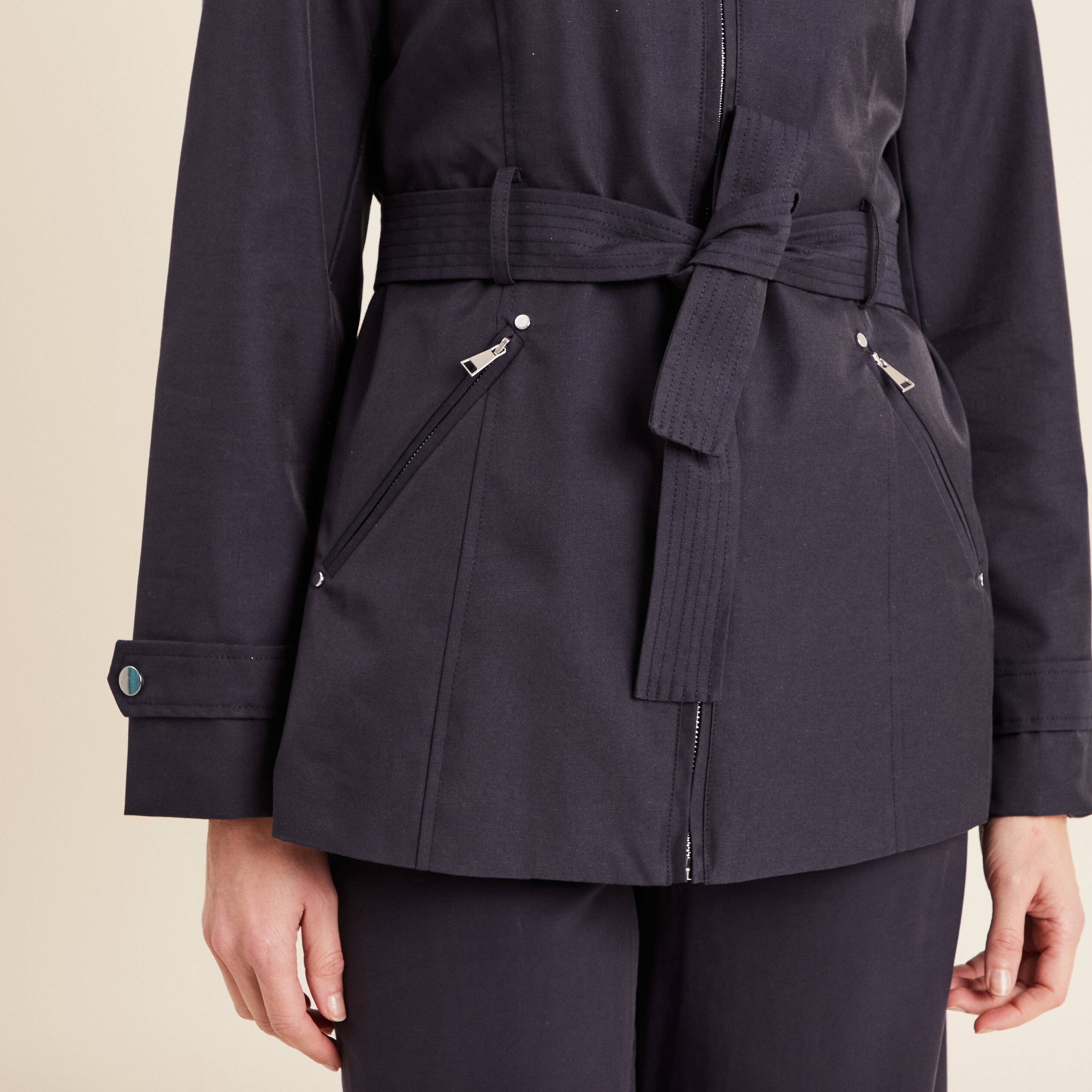Parka droite ceinturée bleu foncé femme