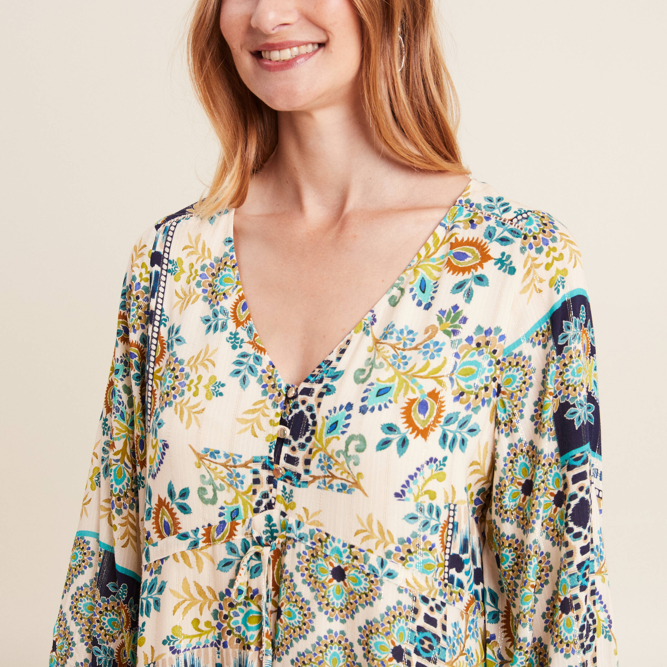 Robe évasée fluide manches 3/4 bleu femme