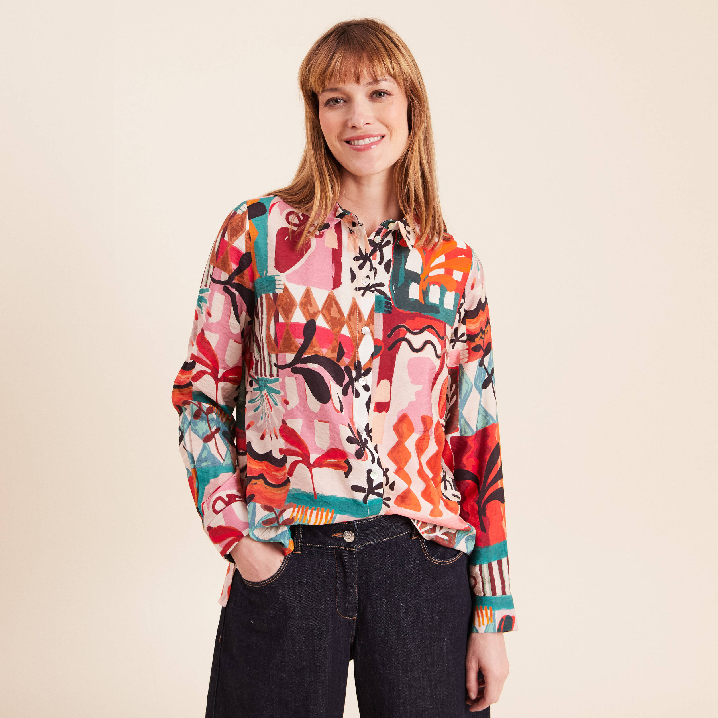 Chemise manches longues fluide orange femme