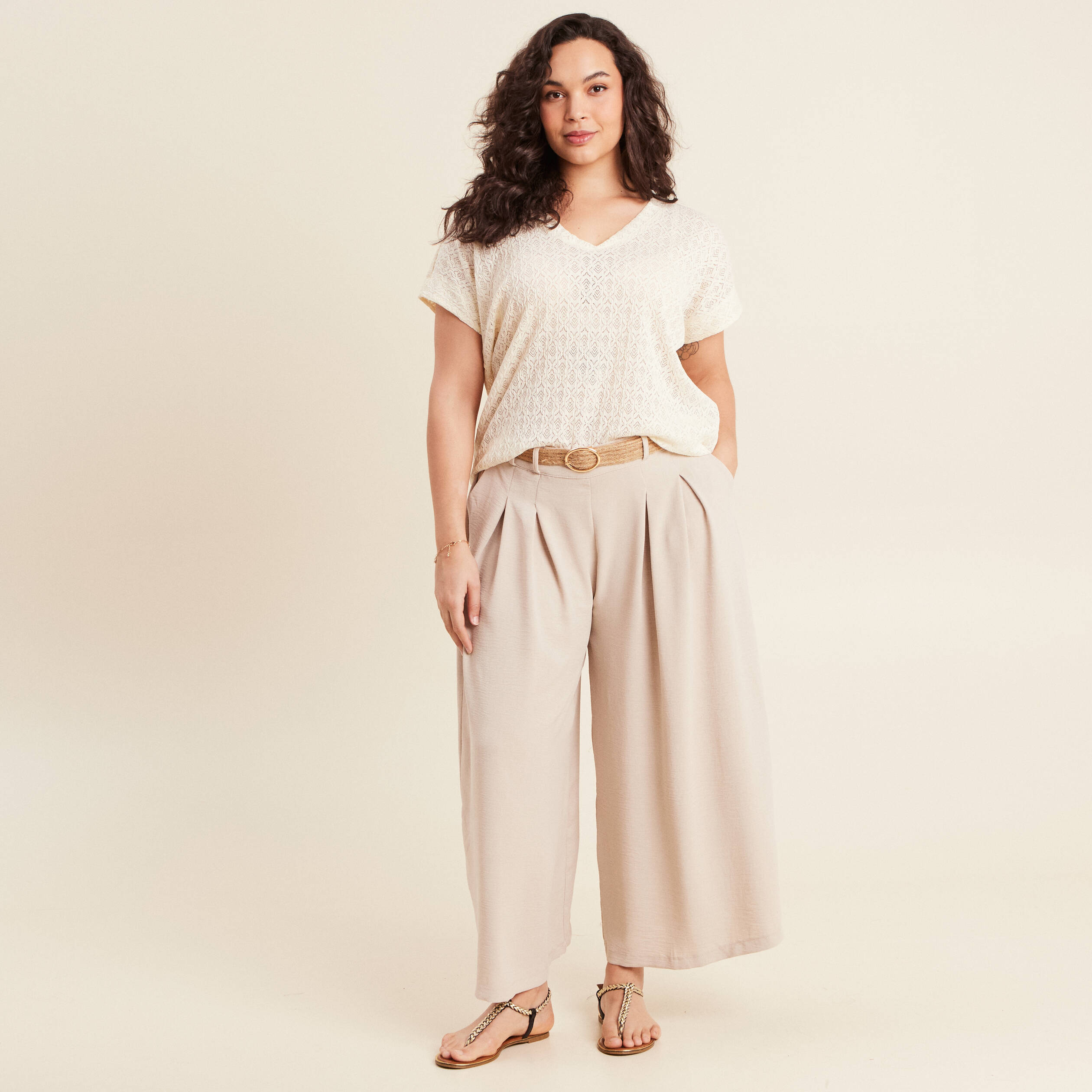 Pantalon jupe-culotte large gris clair femme