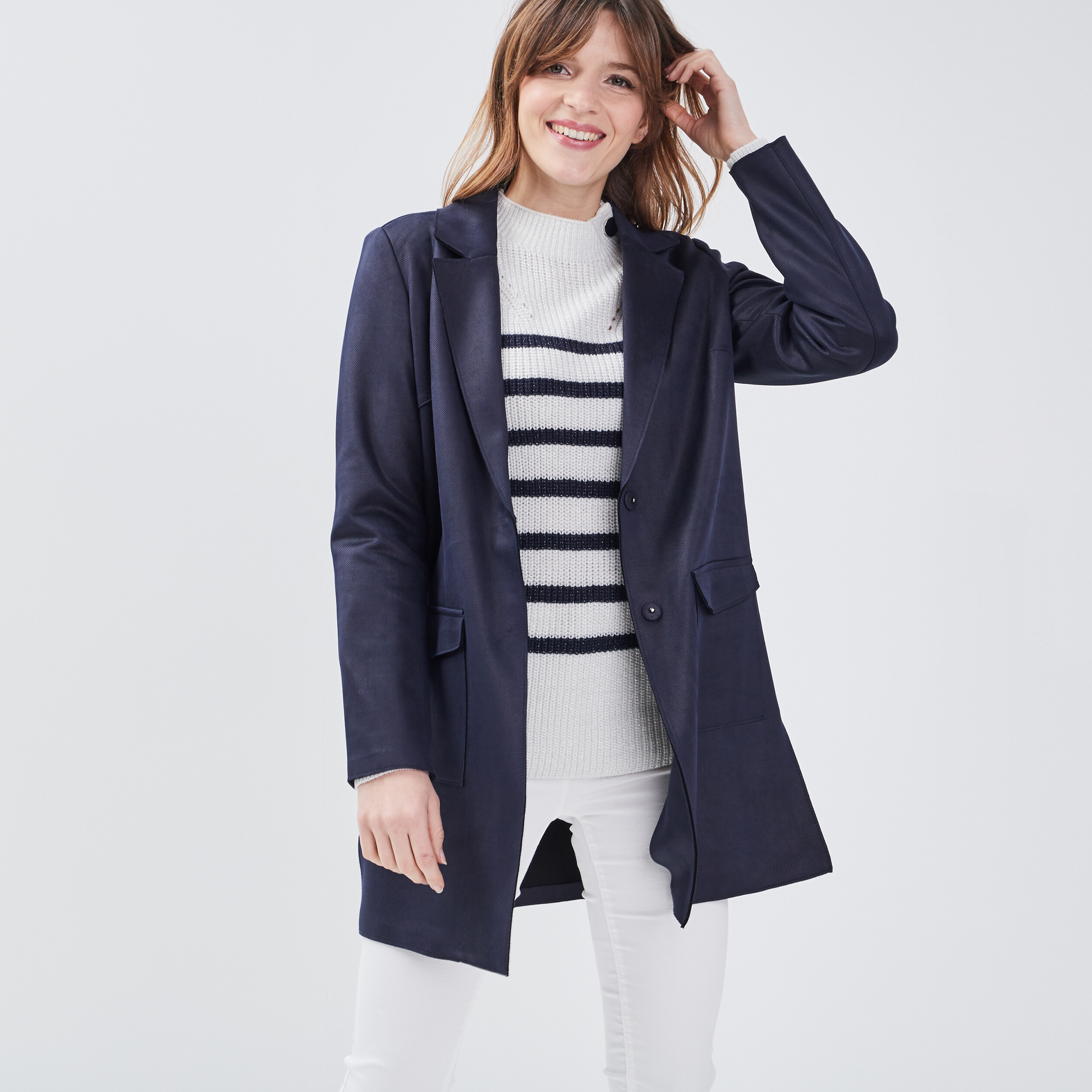 Manteau droit boutonn bleu fonc femme Br al