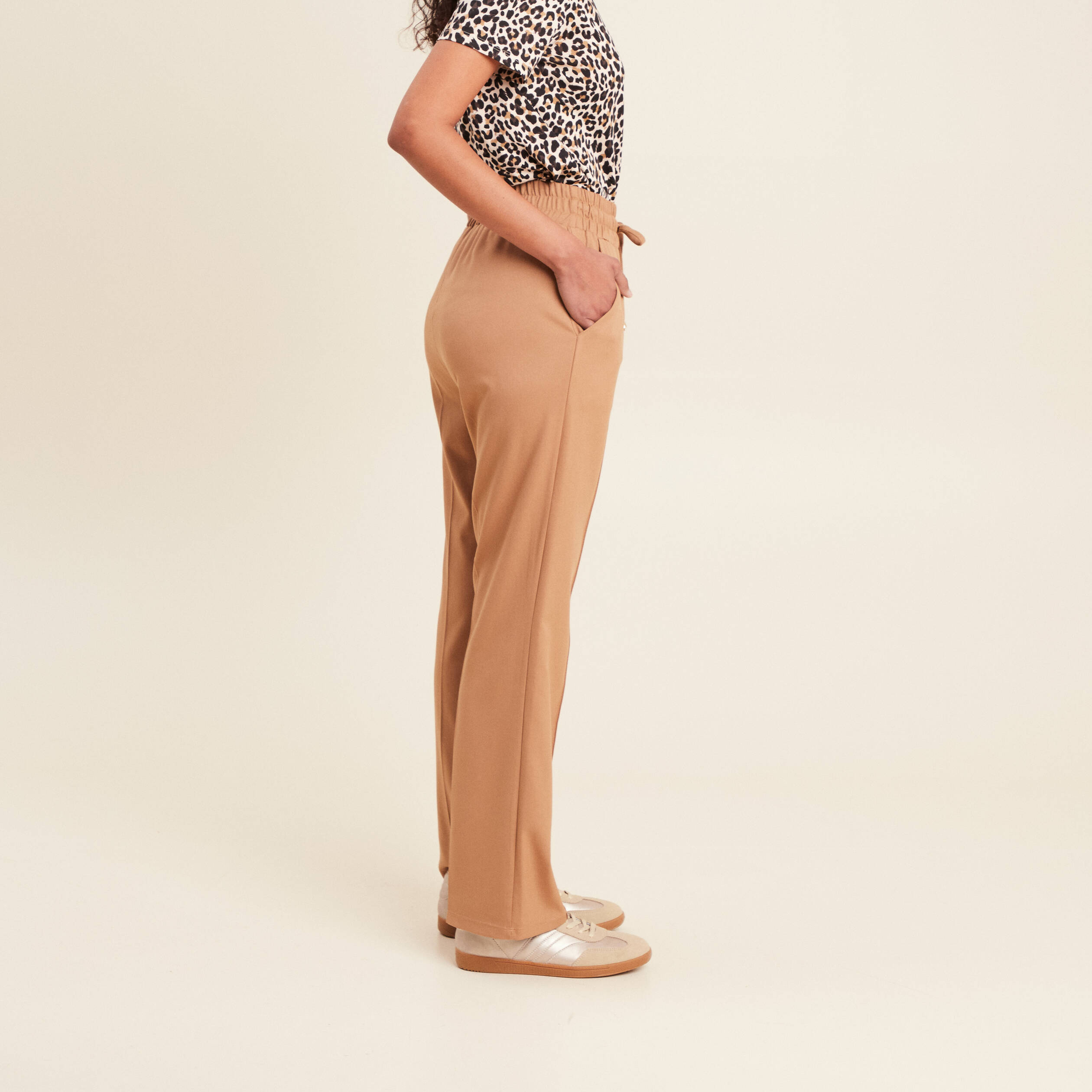 Pantalon droit taille haute camel femme