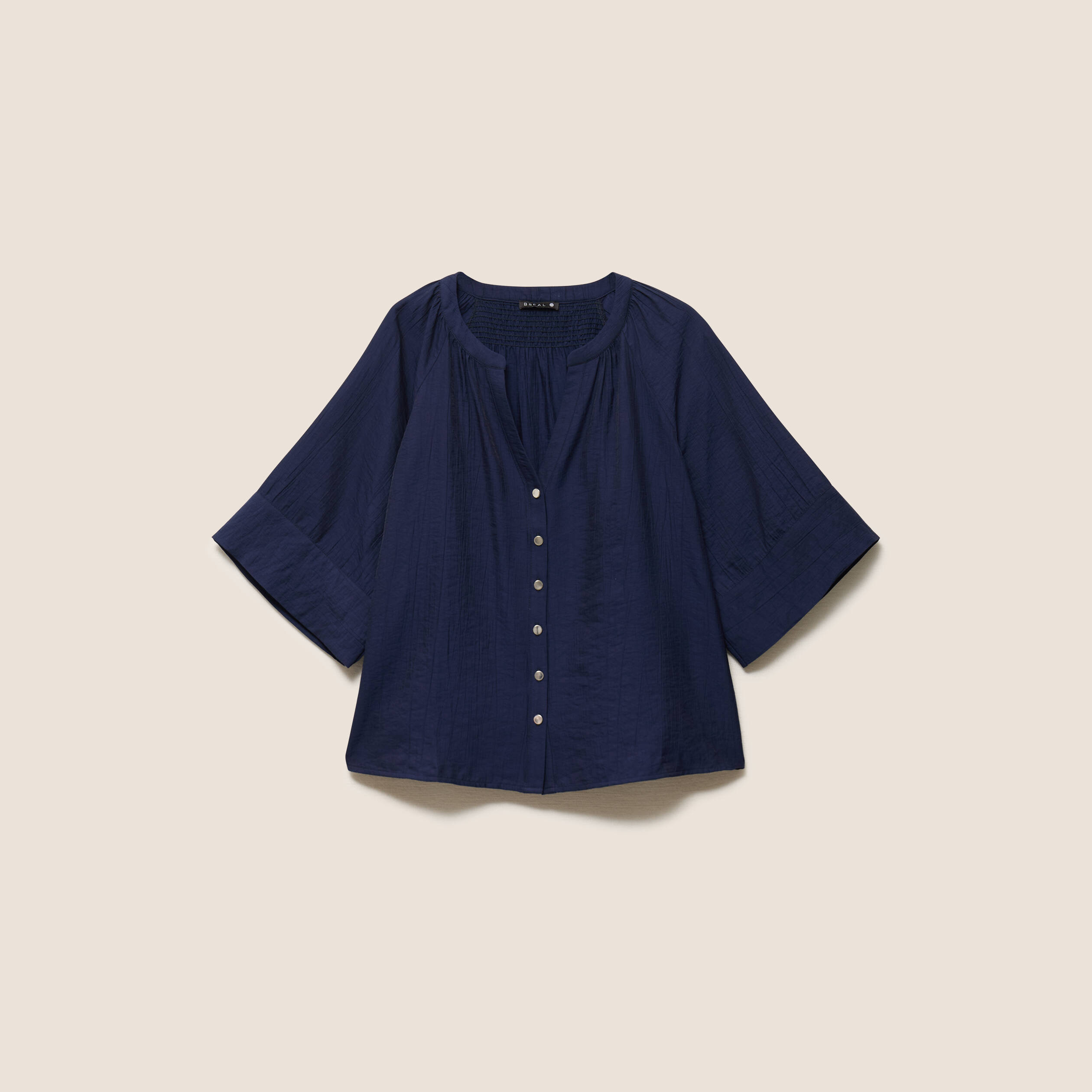 Blouse ample col v manches 3/4 bleu marine femme