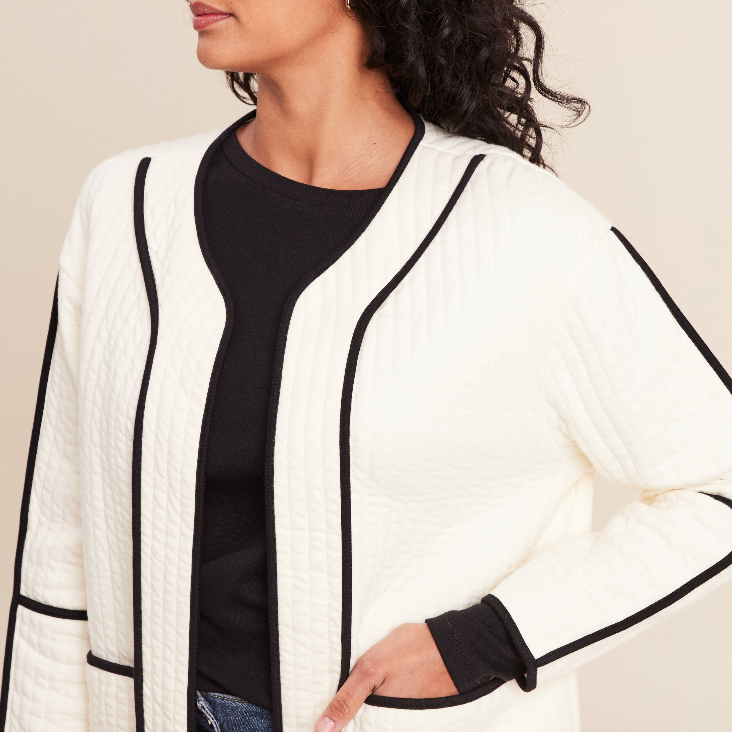 Veste manches longues sans col ecru femme