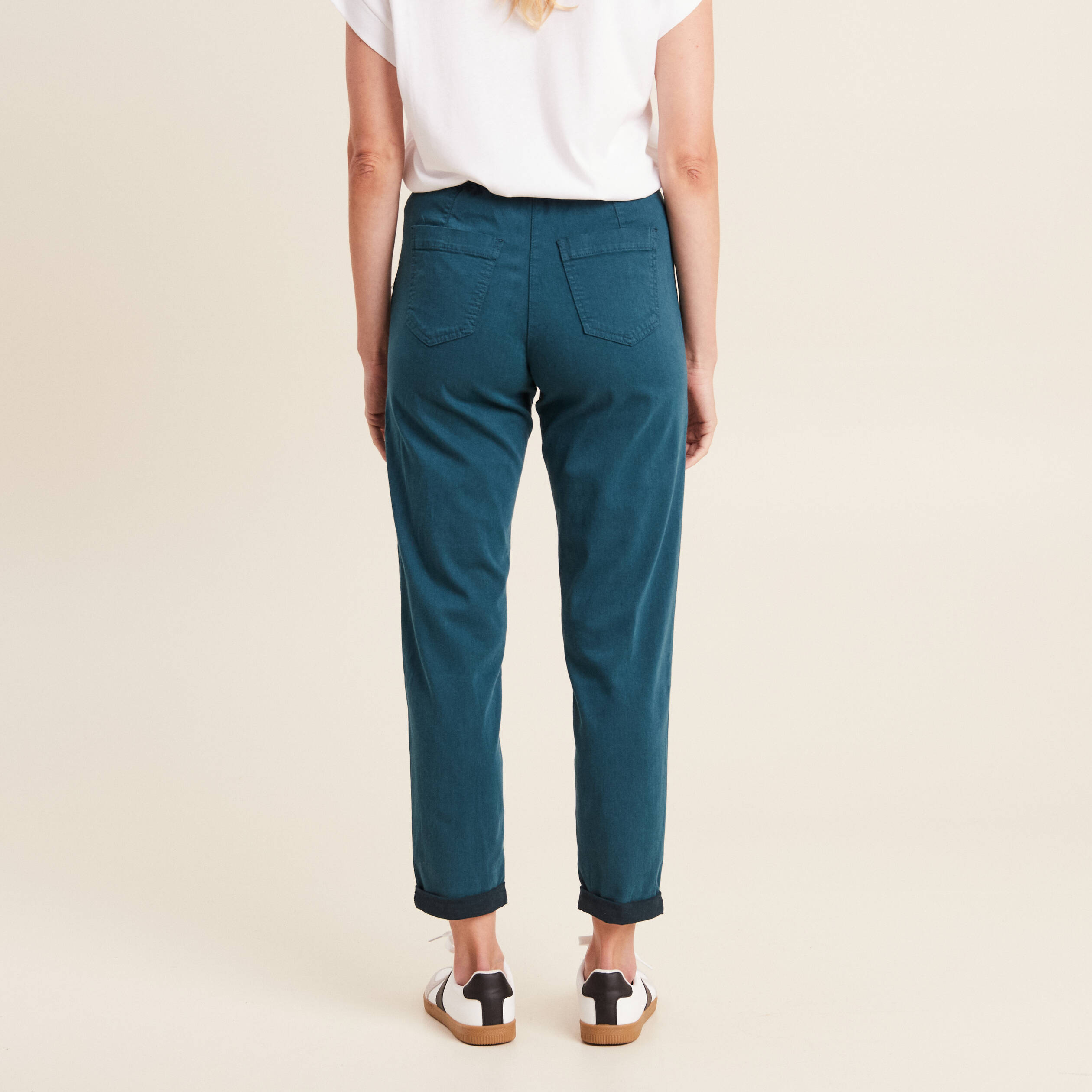 pantalon coupe droite a coulisse bleu canard femme Pantalon coupe droite à coulisse bleu canard femme