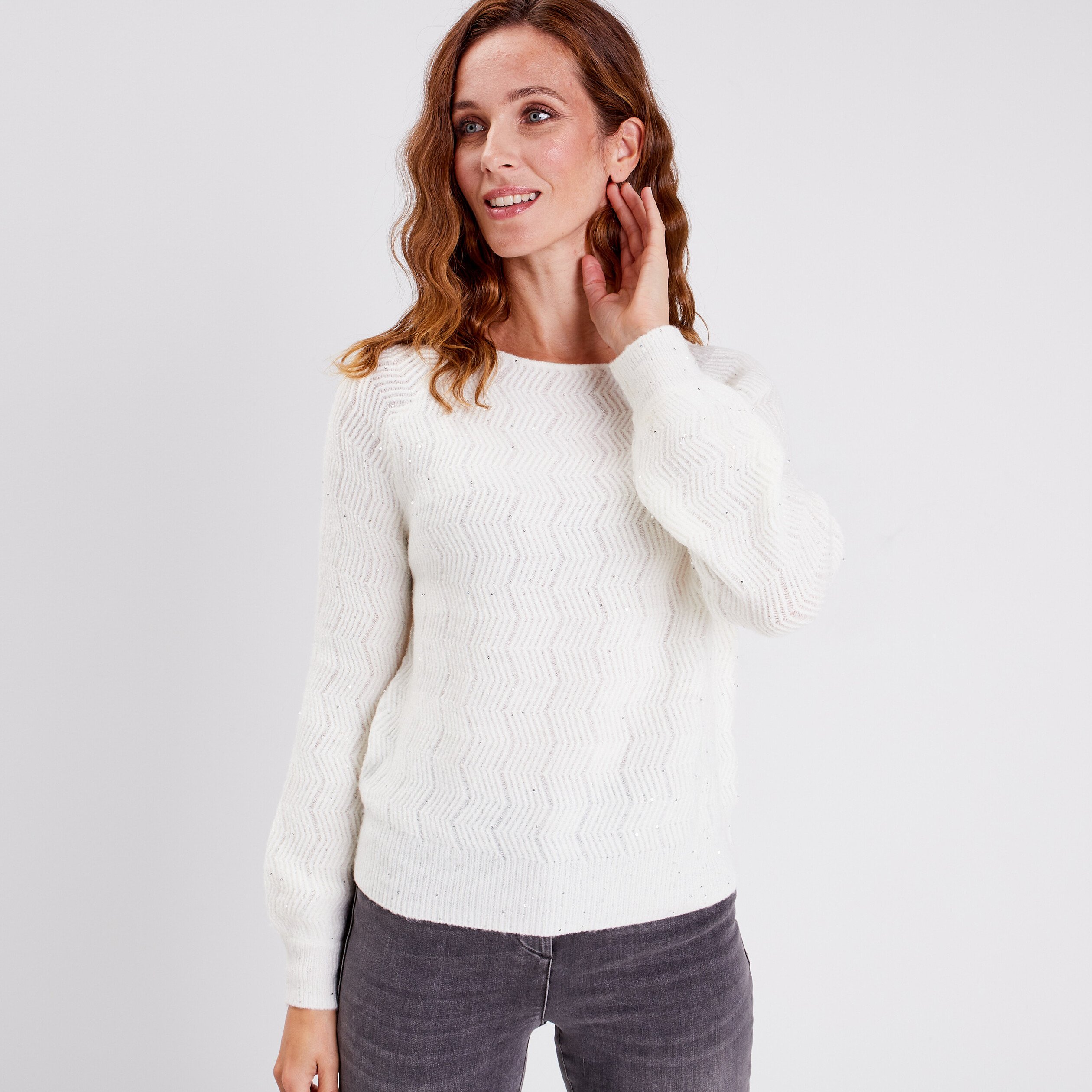 Pull manches longues à sequins ecru femme