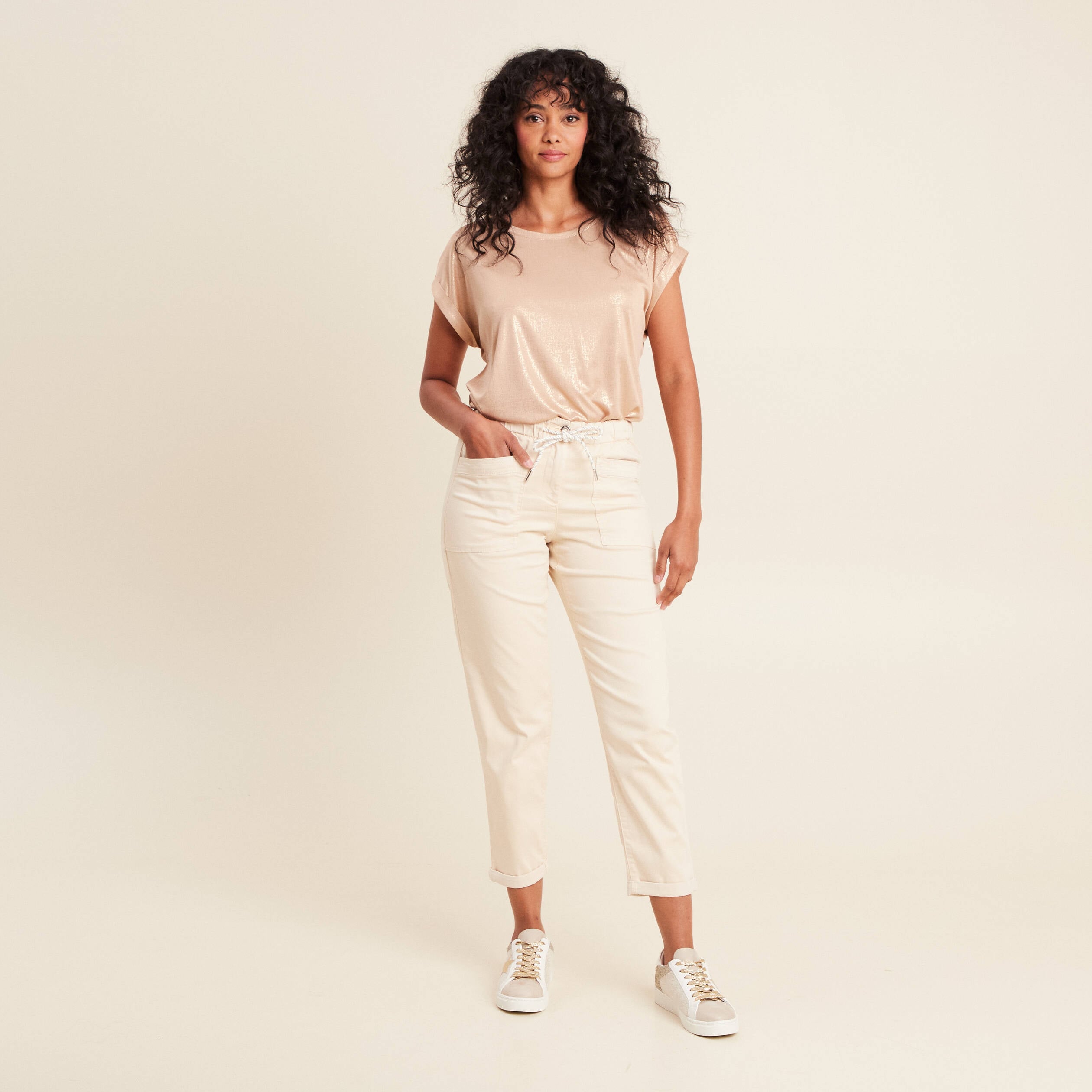 Pantalon coupe mom 7/8&egrave;me ivoire femme