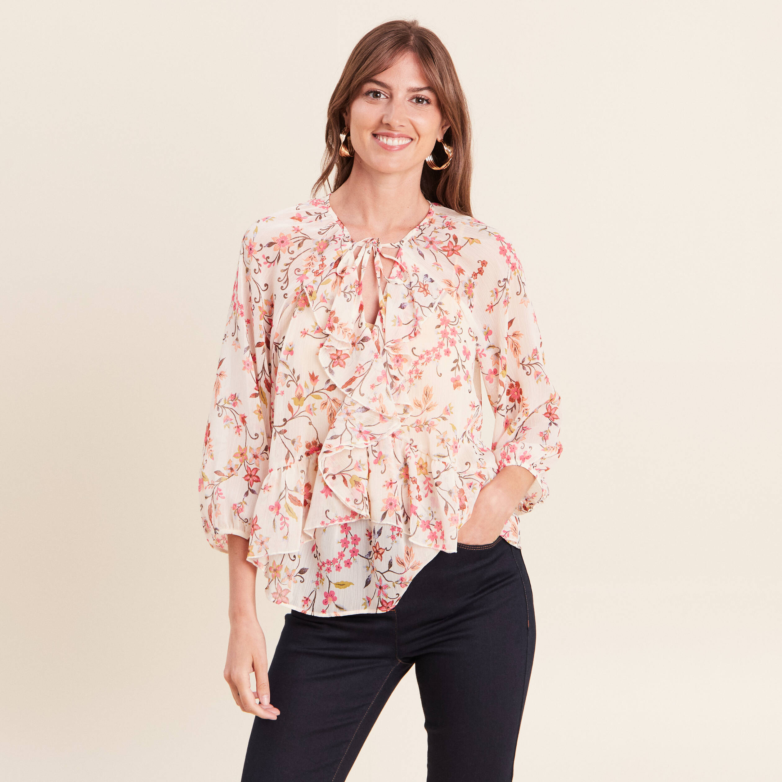 Blouse ample en voile manches 3/4 multicolore femme