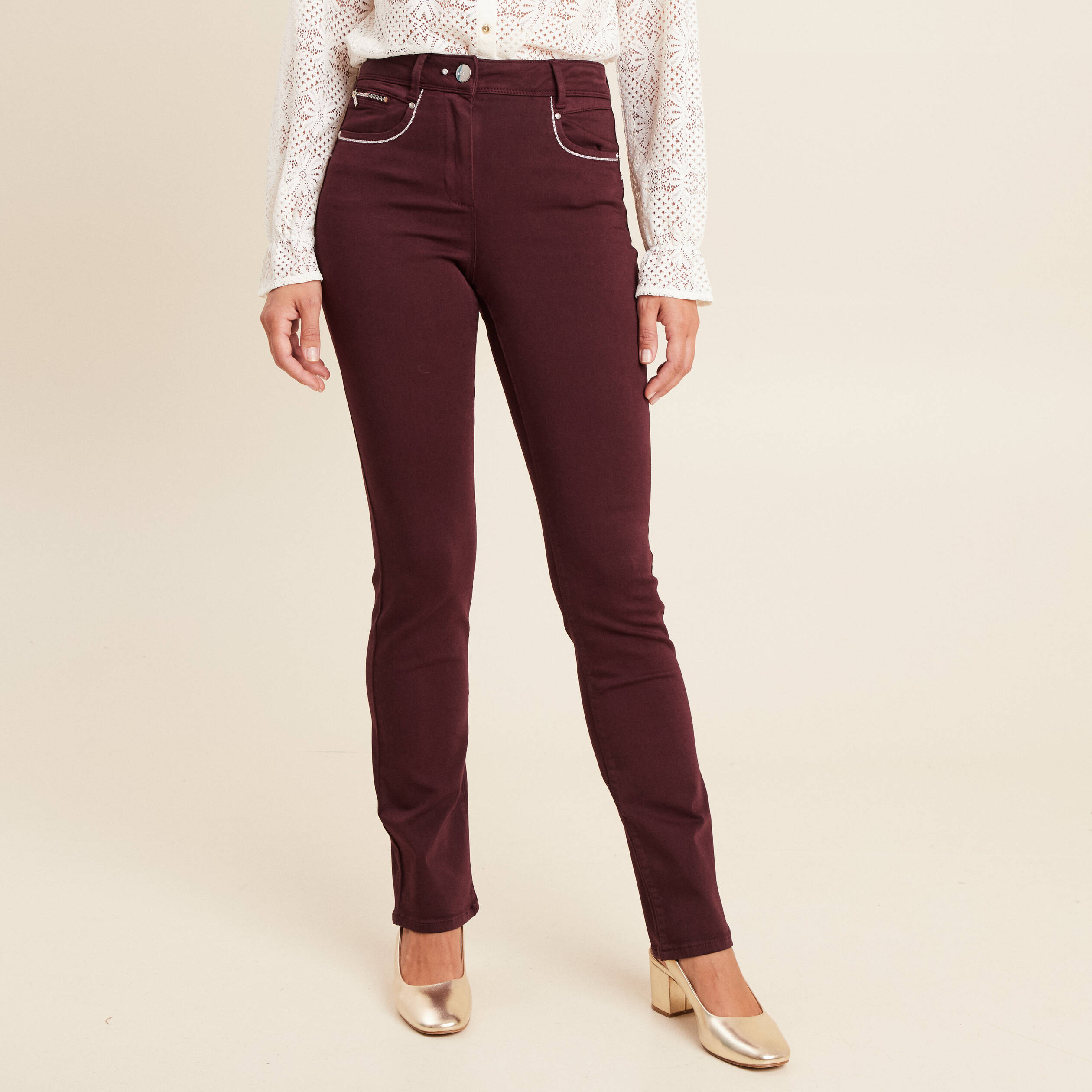 Pantalon droit taille haute bordeaux femme