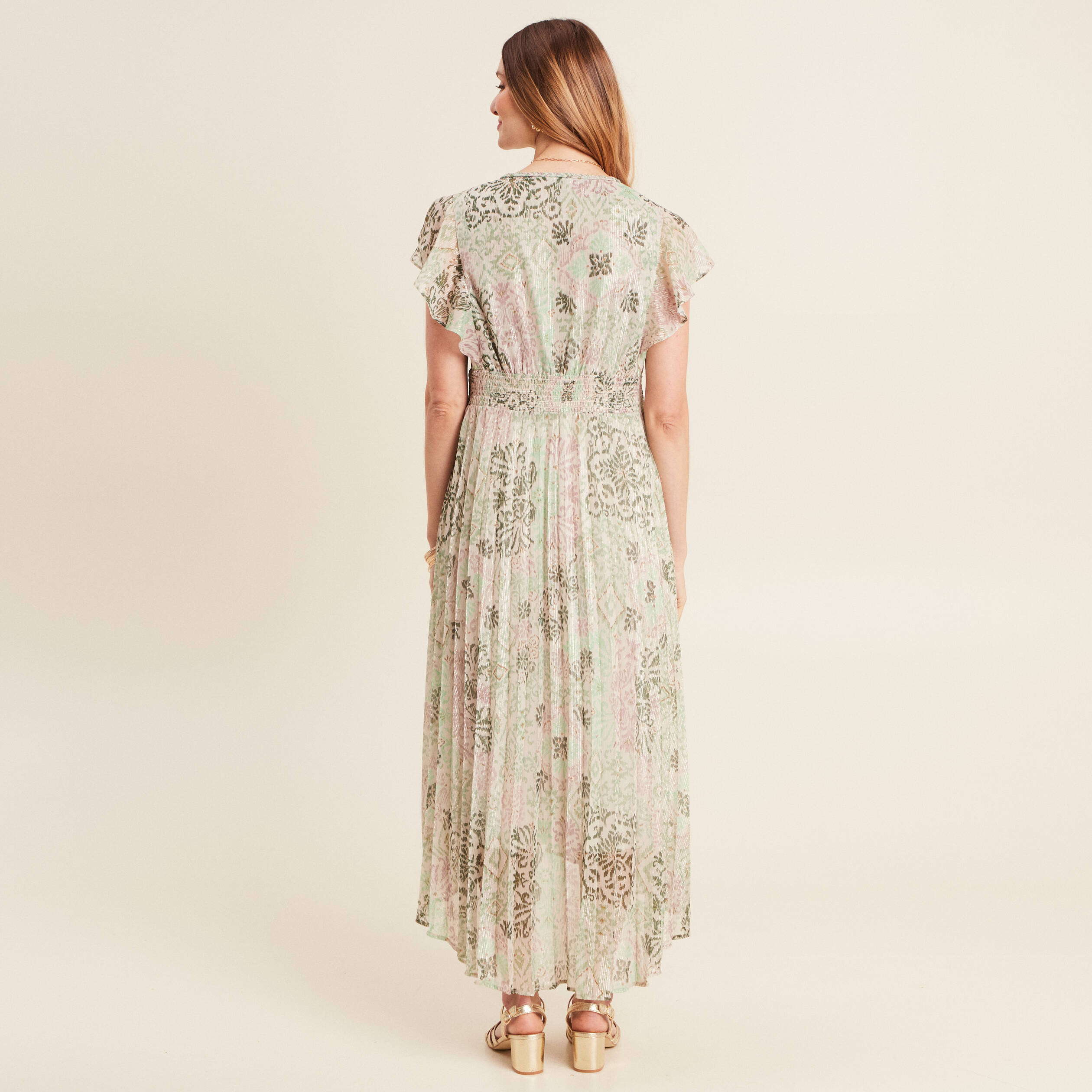 Robe longue évasée plissée vert clair femme