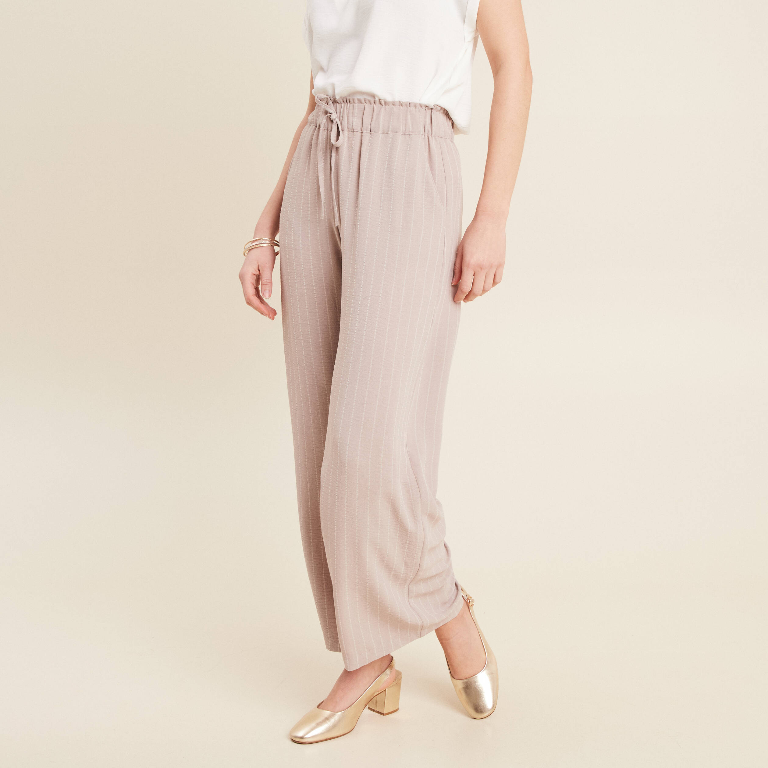 Pantalon large taille haute beige femme