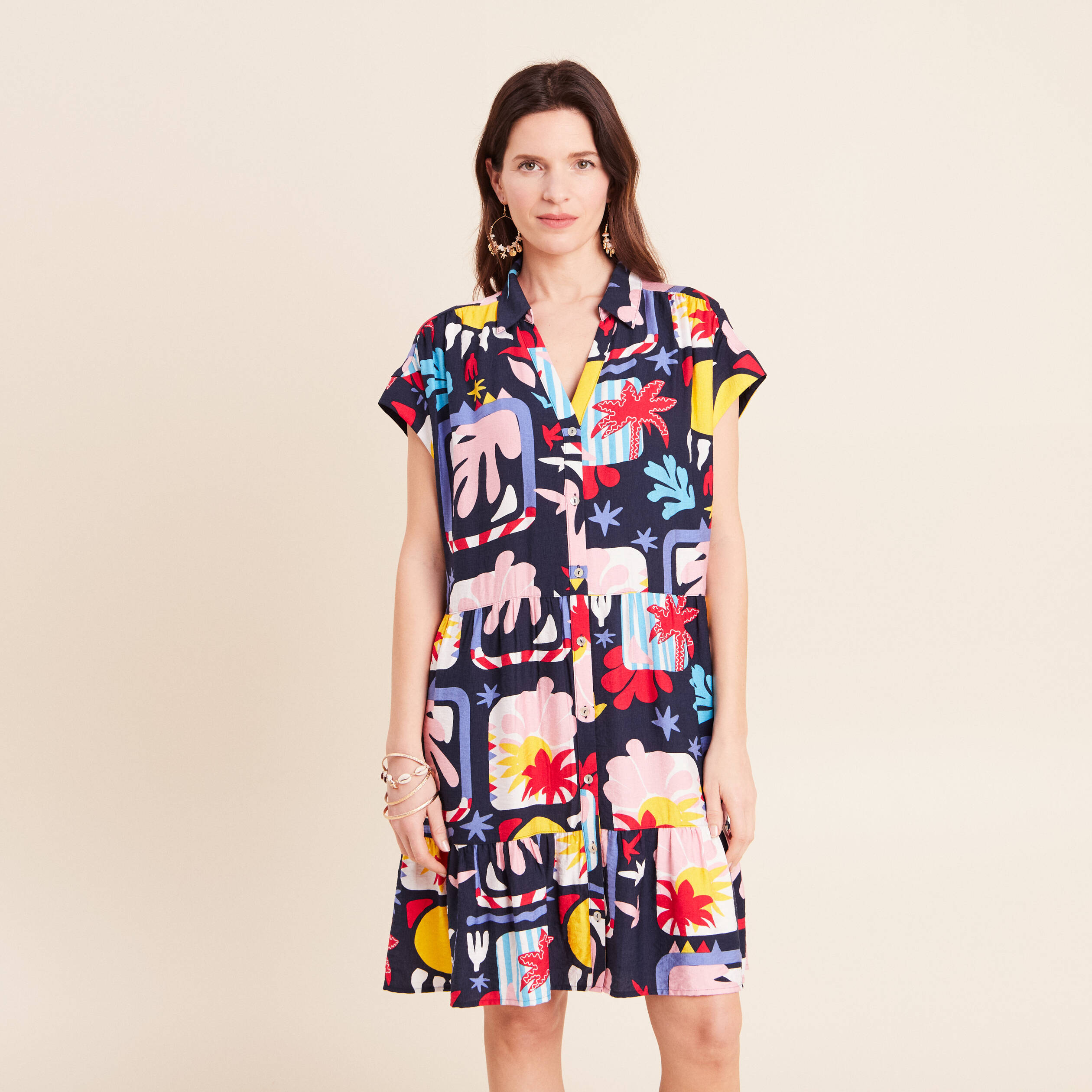 Robe courte &eacute;vas&eacute;e col chemise multicolore femme