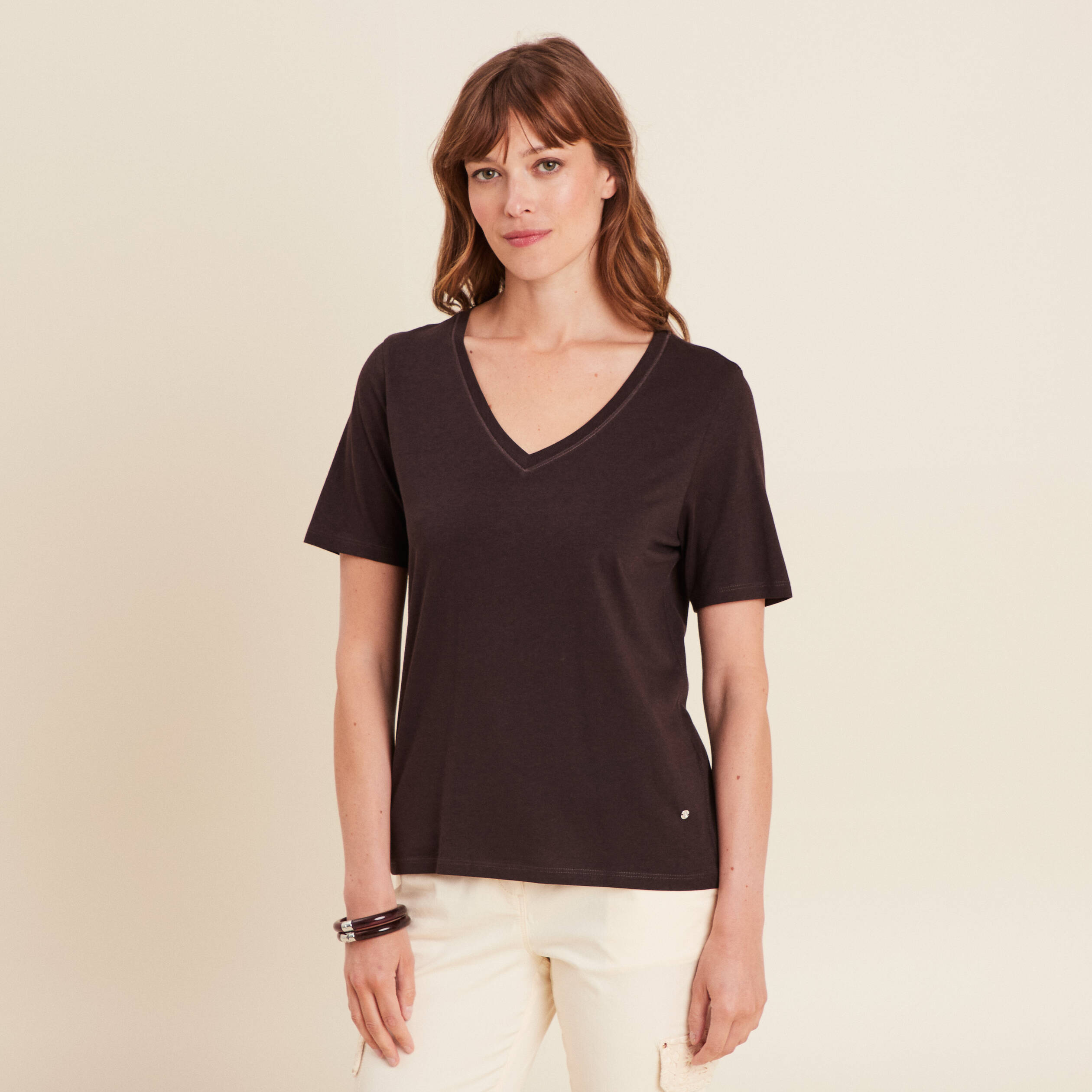t shirt manches courtes marron fonce femme T-shirt manches courtes marron foncé femme