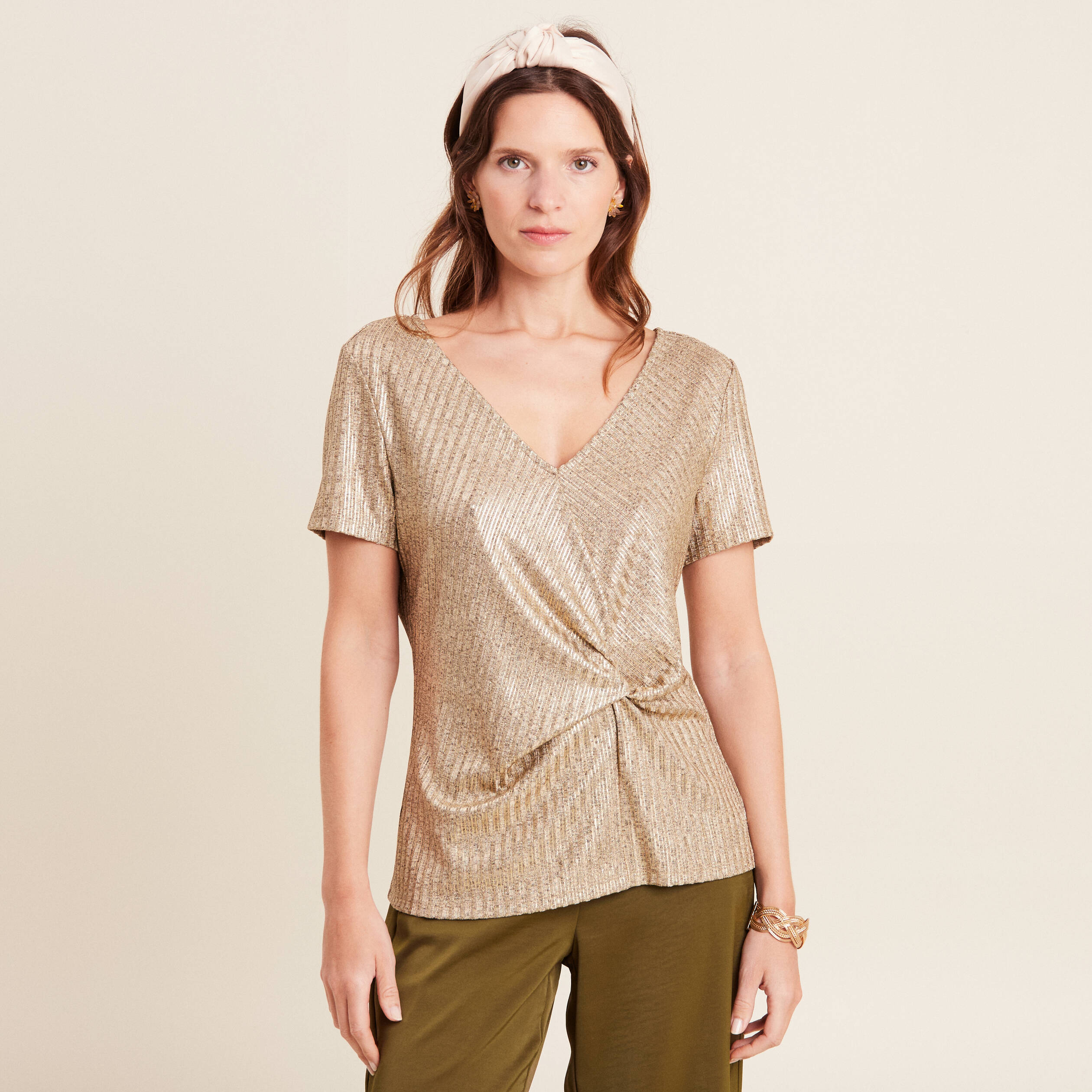 T-shirt manches courtes noué couleur or femme