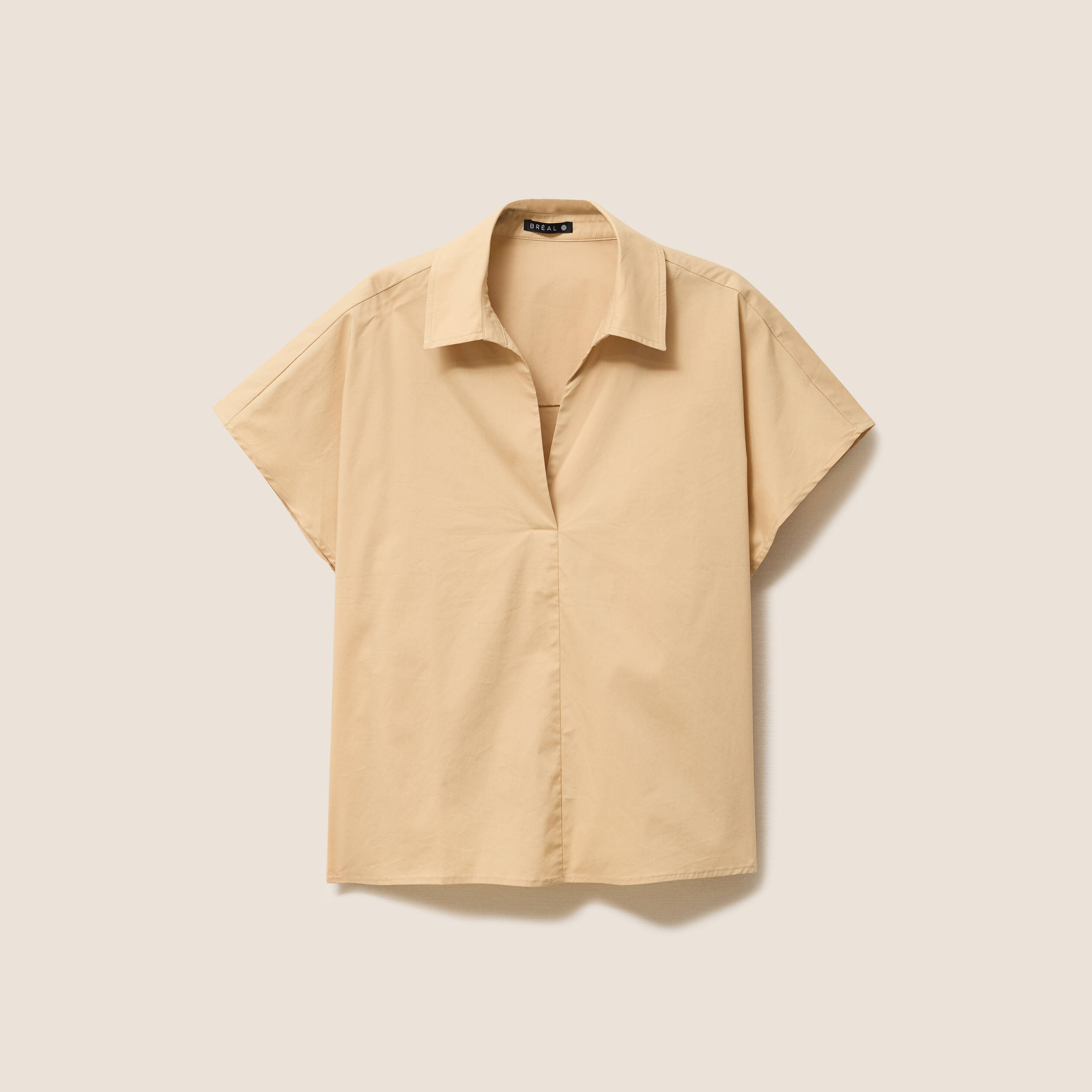 Blouse ample col chemise manches courtes beige femme