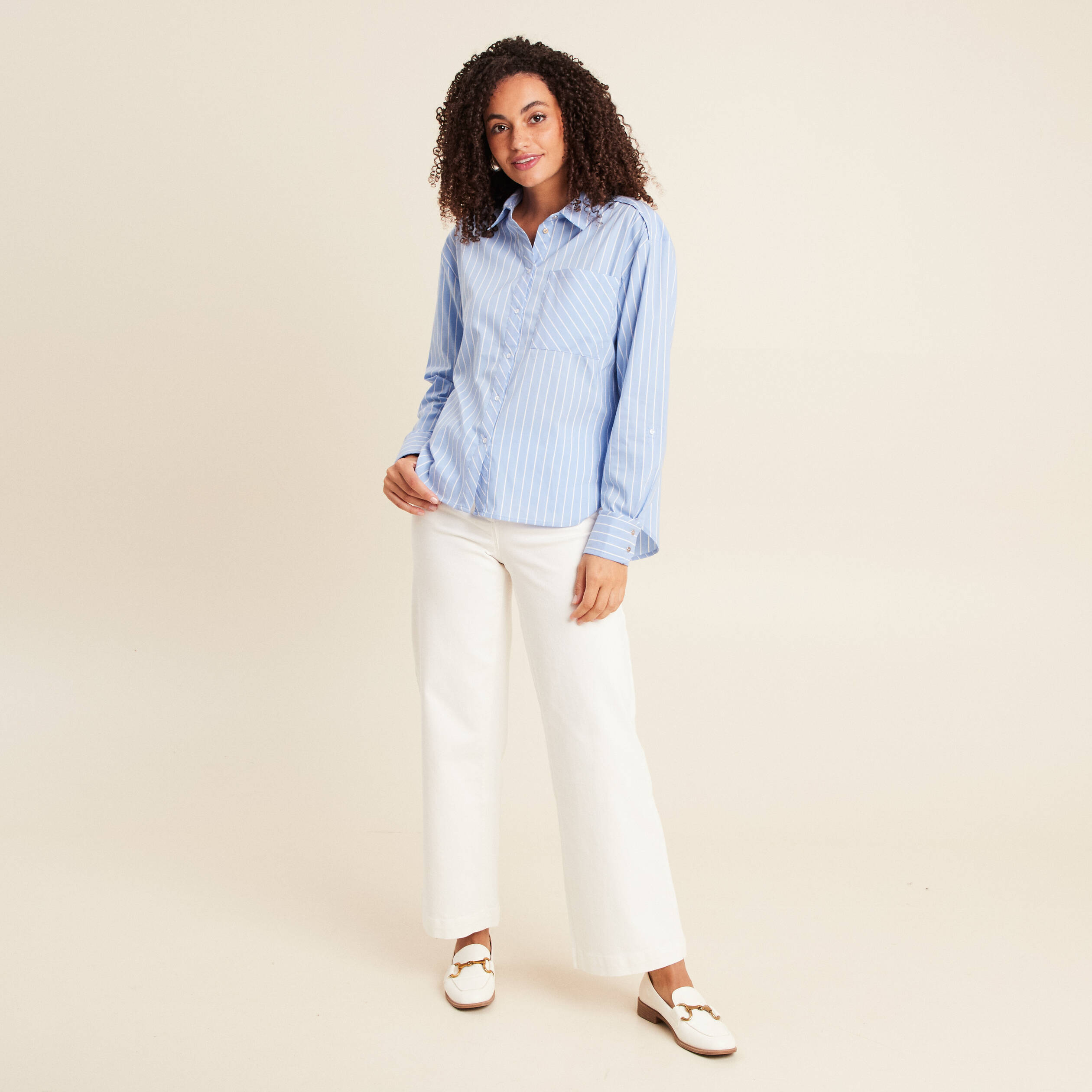 Chemise col chemise manches longues bleu ciel femme Bréal