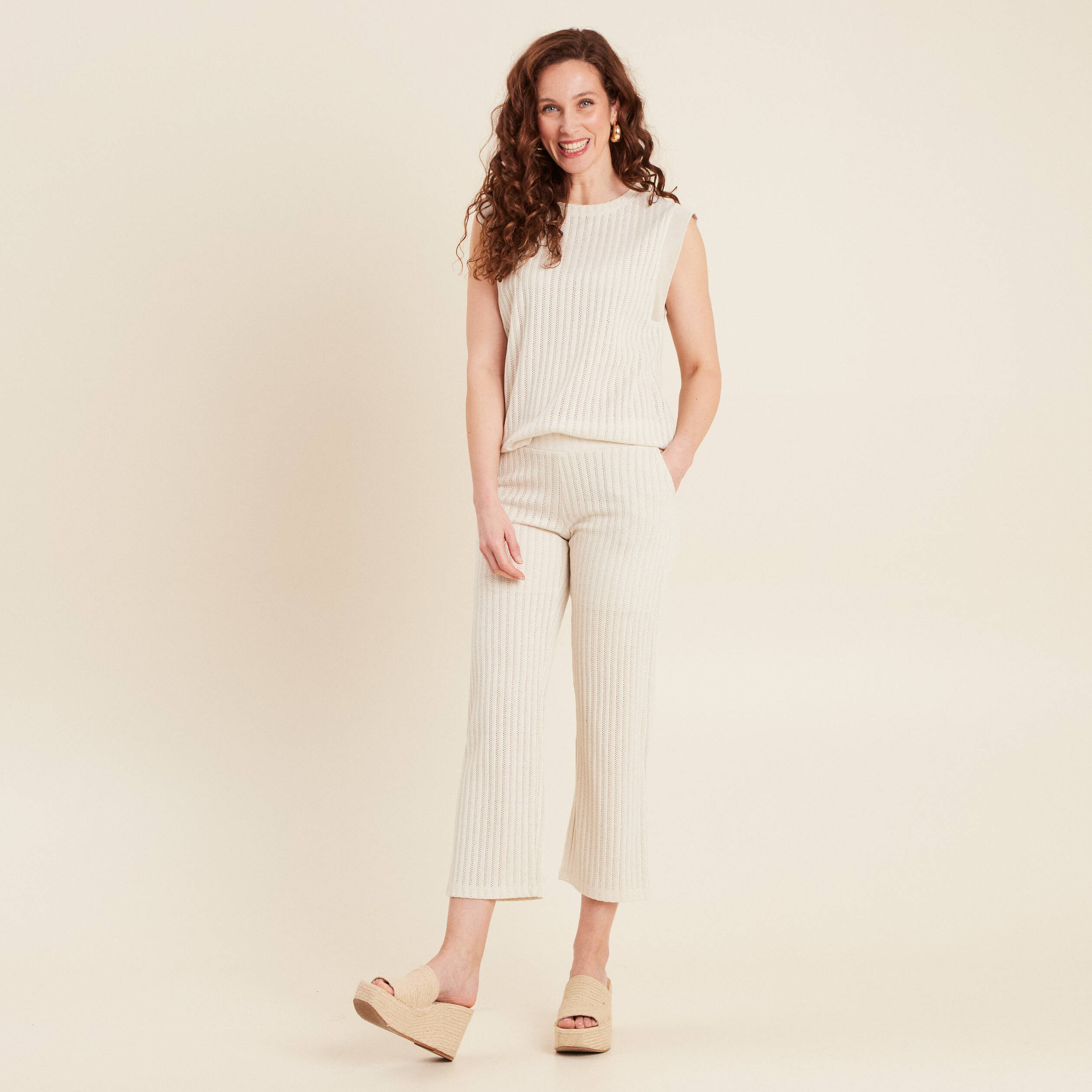 Pantalon maille large ecru femme