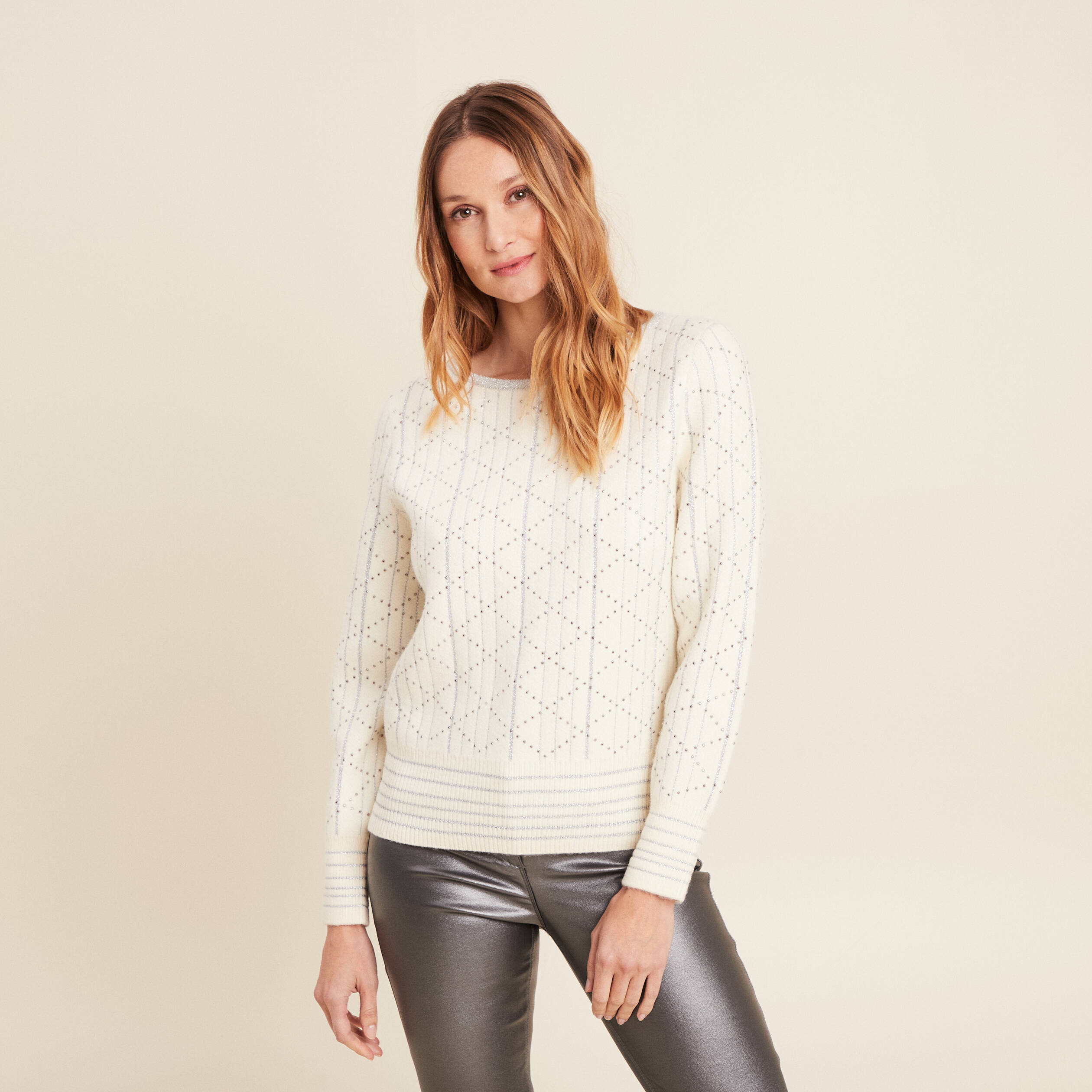Pull manches longues clous ecru femme