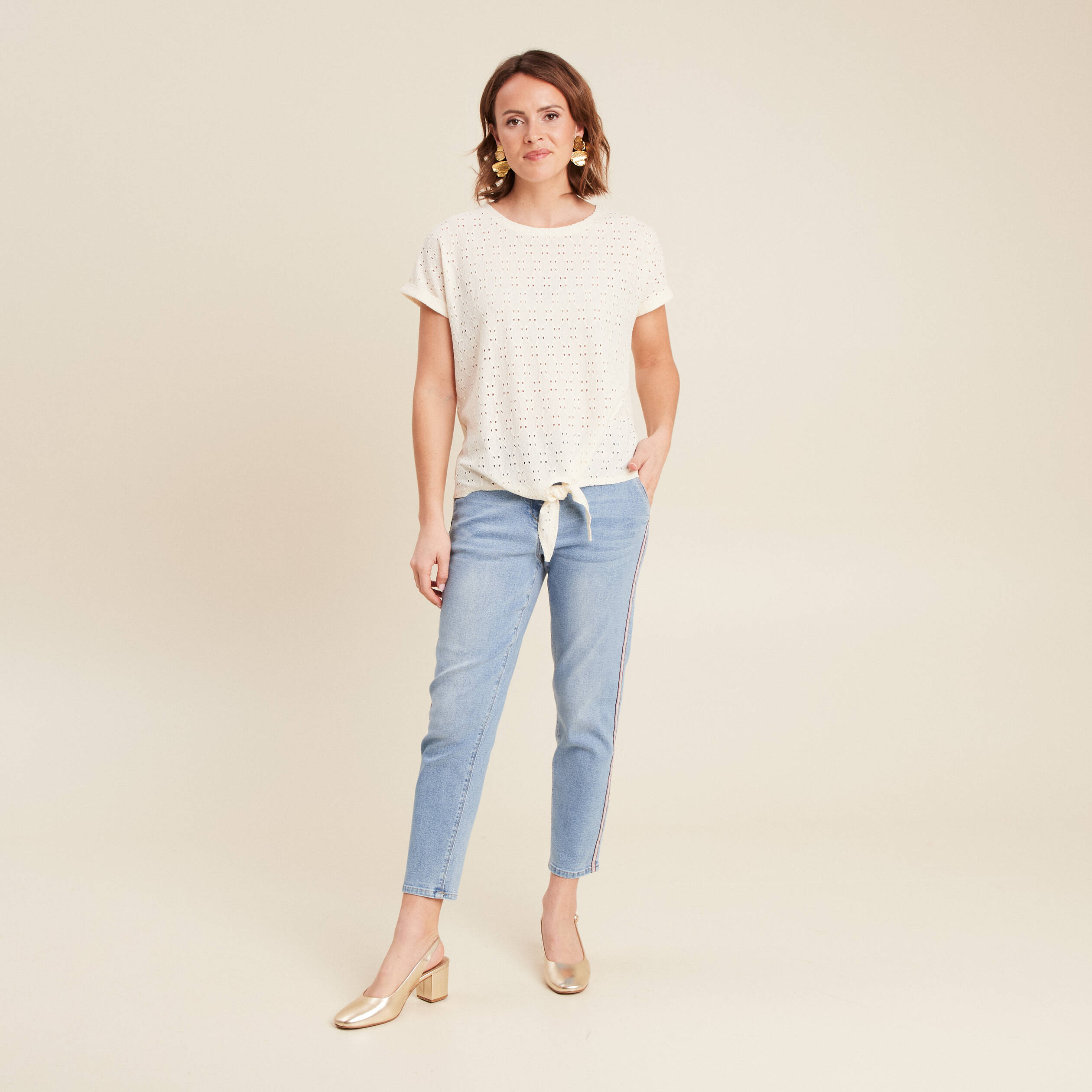 Blouse manches courtes nouée ecru femme