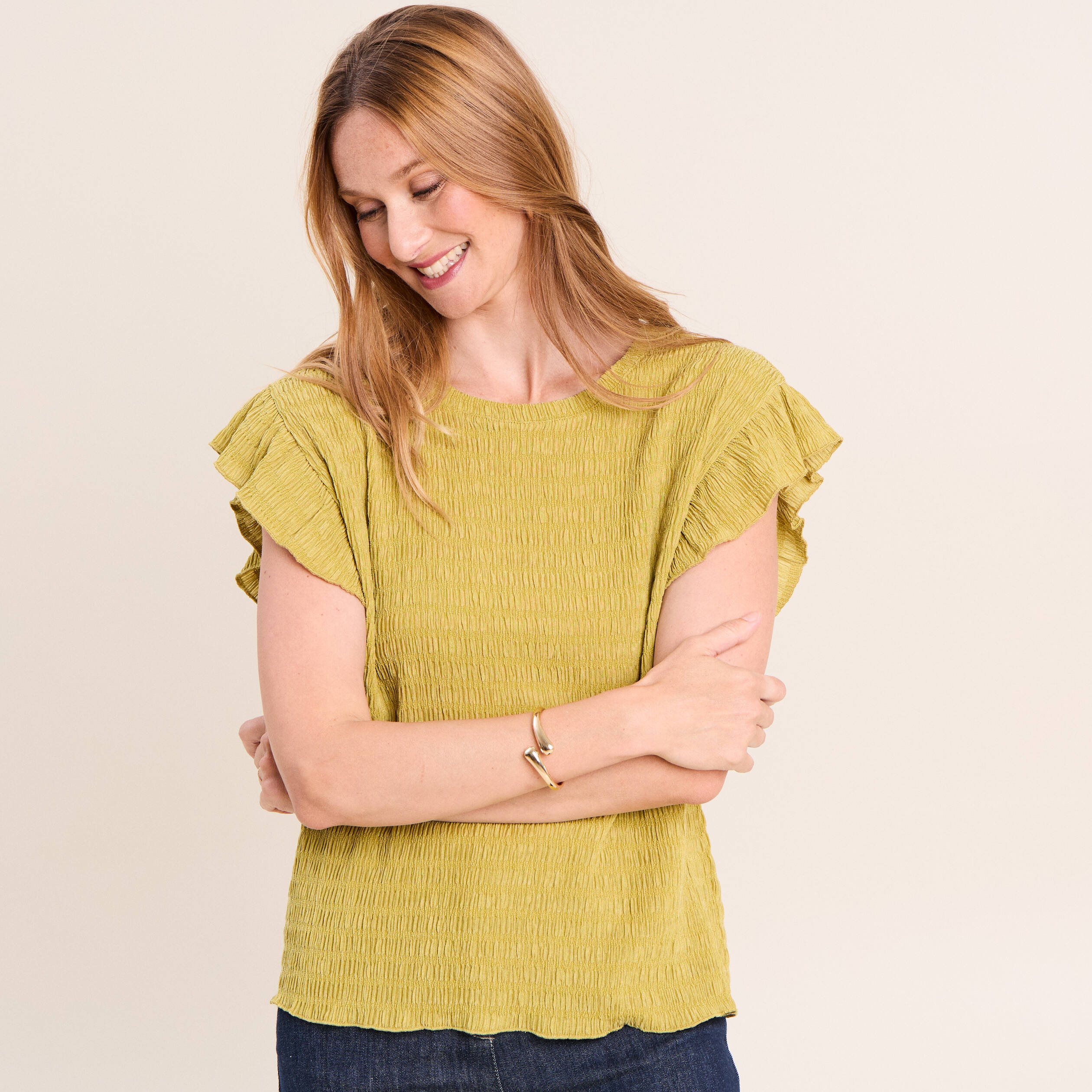 T-shirt col rond manches courtes vert olive femme
