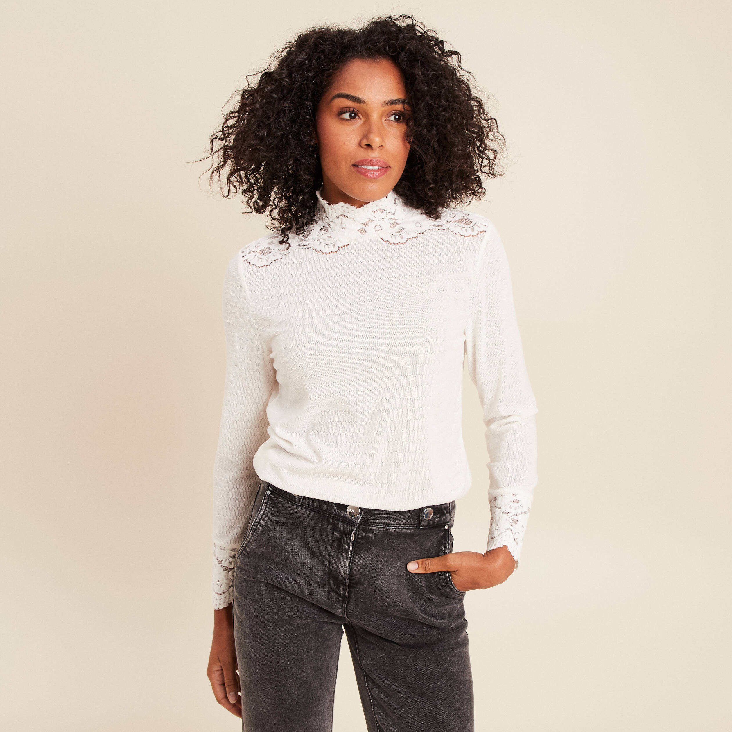 Lace Blouse Top Manche Longue Dentelle Dentelle Haut Noir Manche