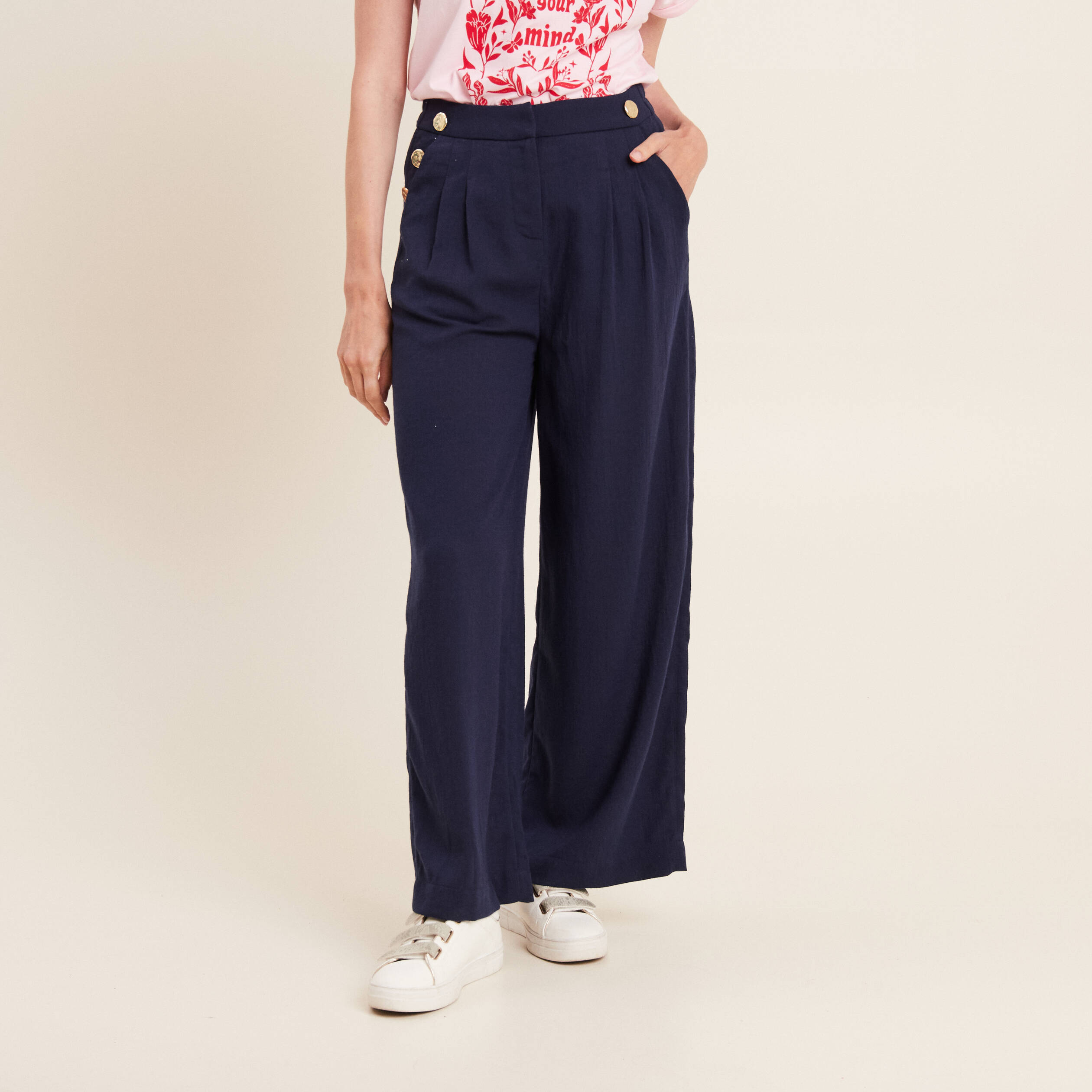 Pantalon large 7 8eme boutons bleu marine femme Breal