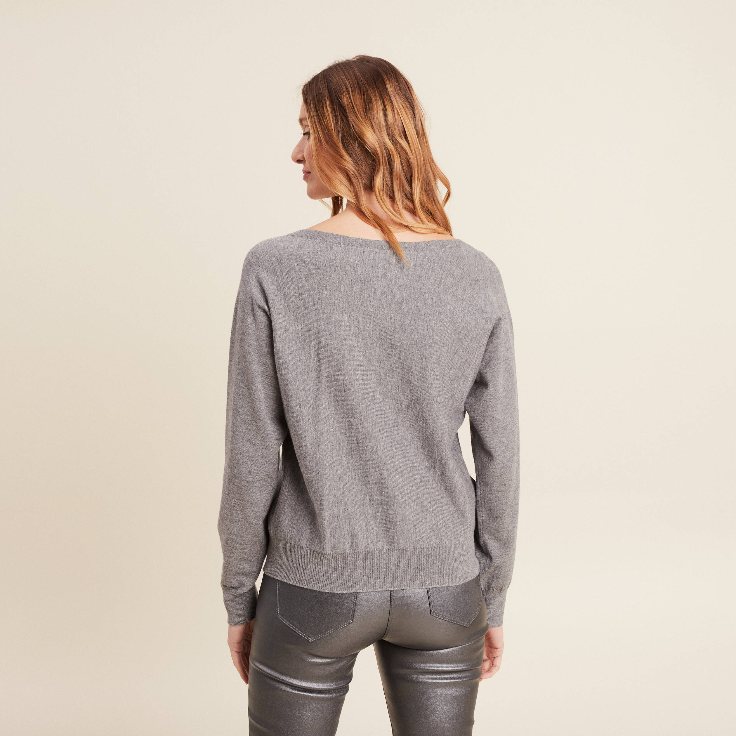 Pull manches longues strass gris clair femme