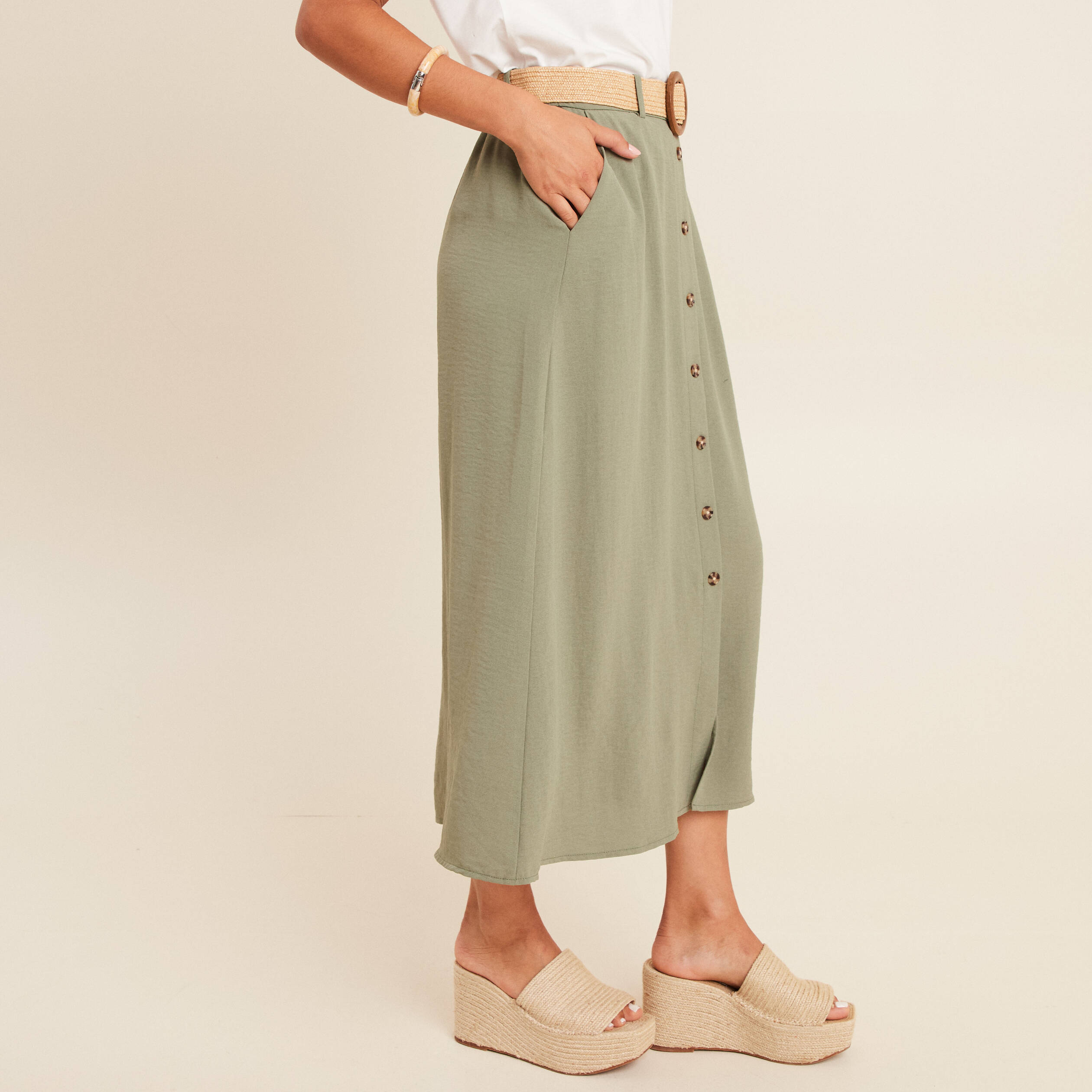 jupe longue evasee ceinture amovible vert kaki femme Jupe longue évasée ceinture amovible vert kaki femme