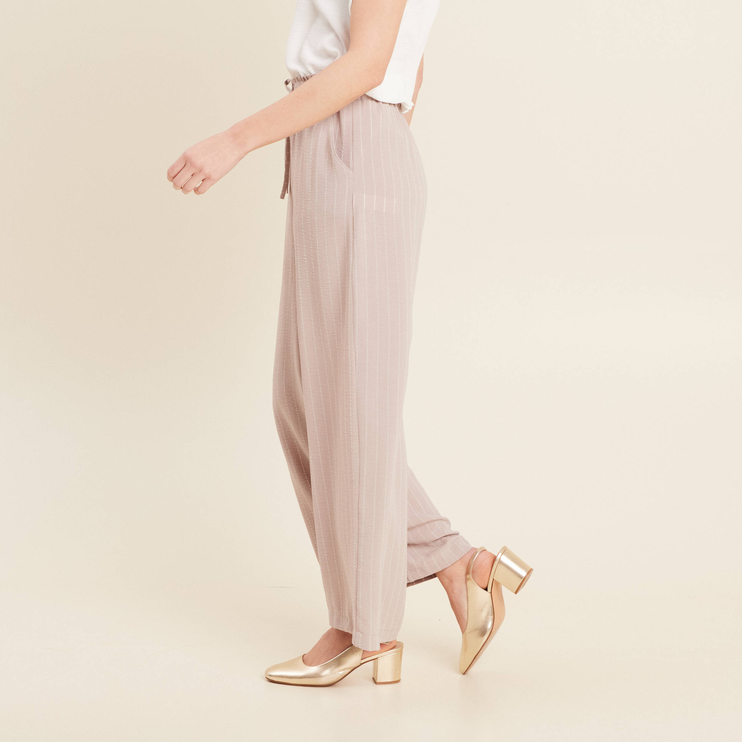 Pantalon large taille haute beige femme
