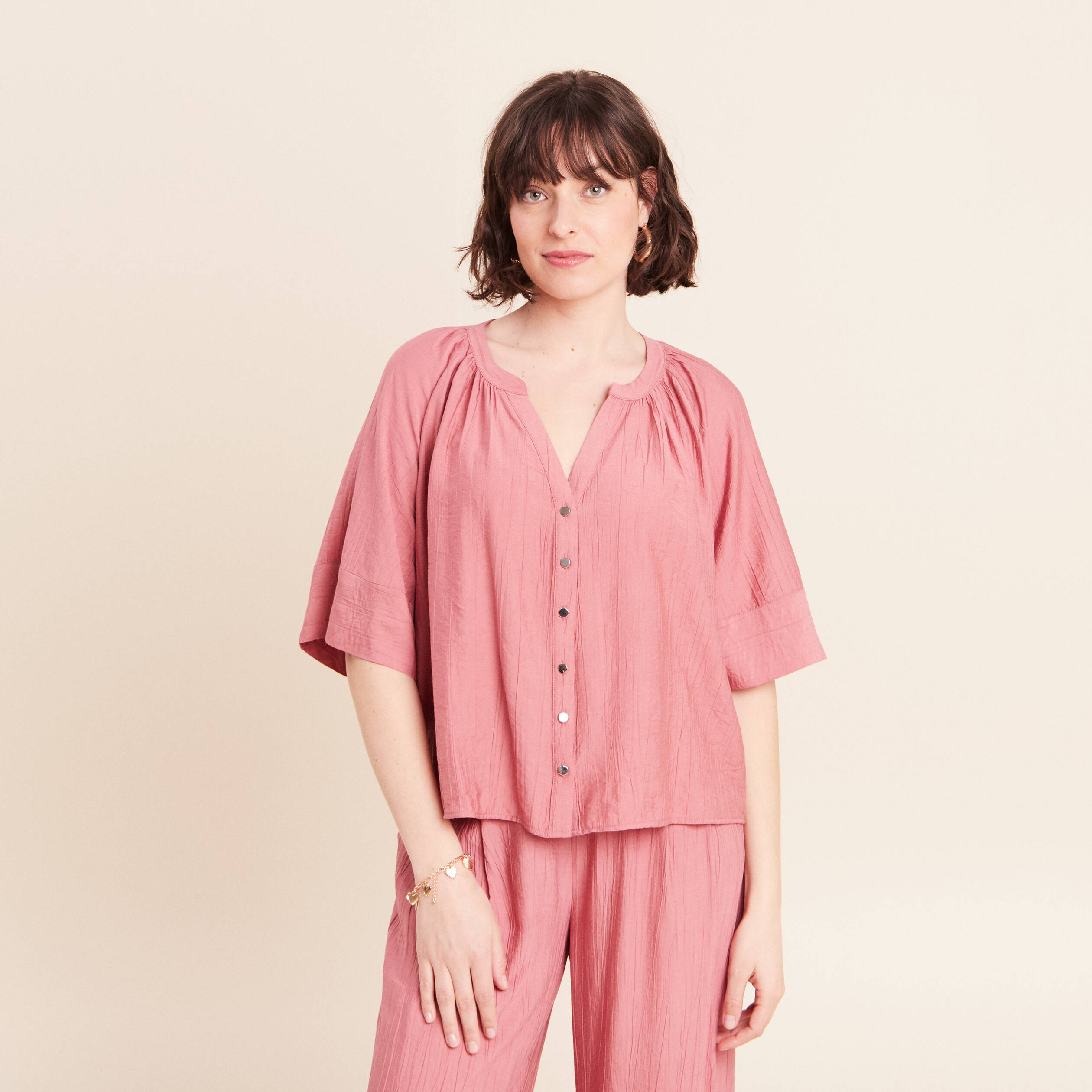 Blouse ample col v manches 3/4 mauve femme